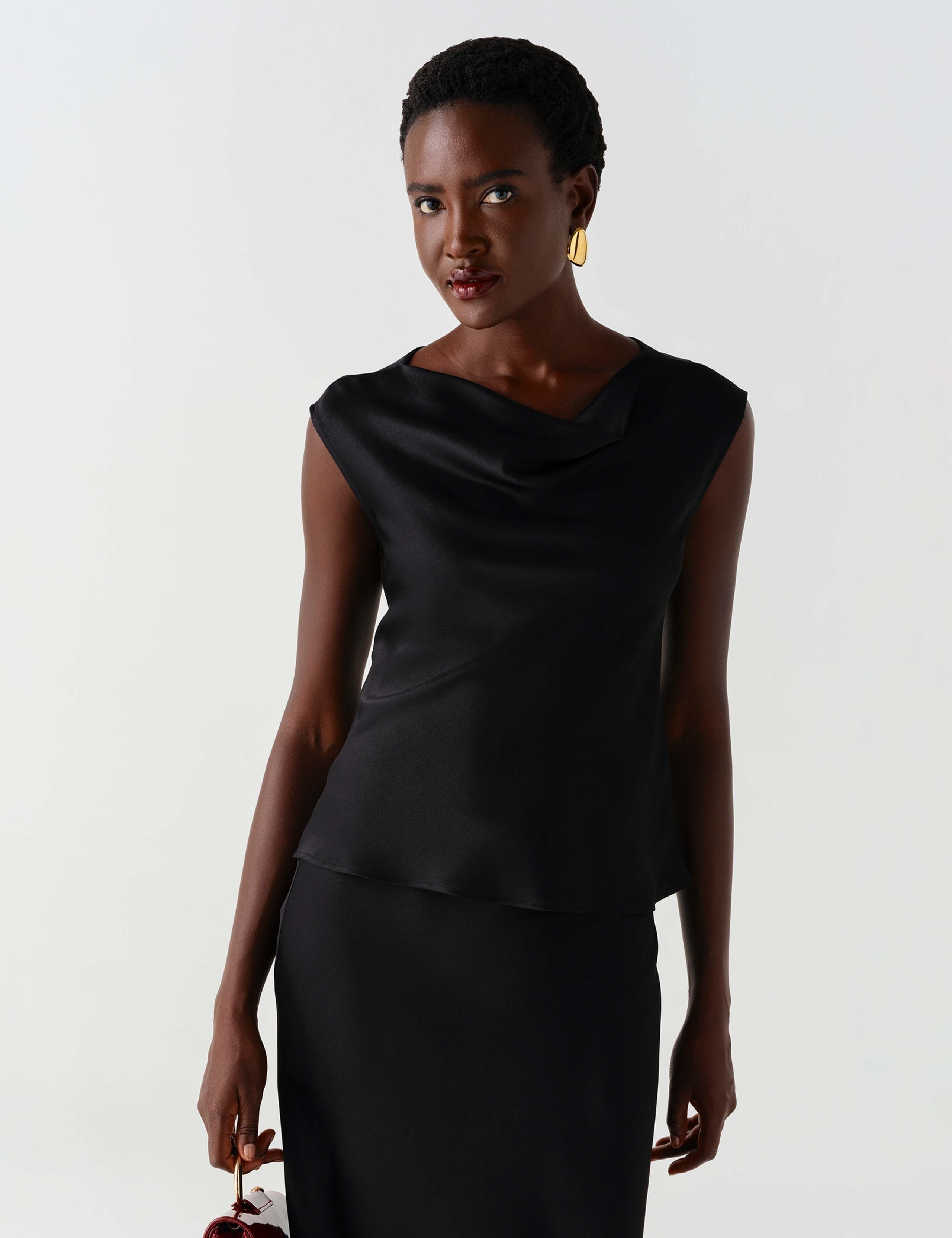 Satin Cowl Neck Cap Sleeve Top
