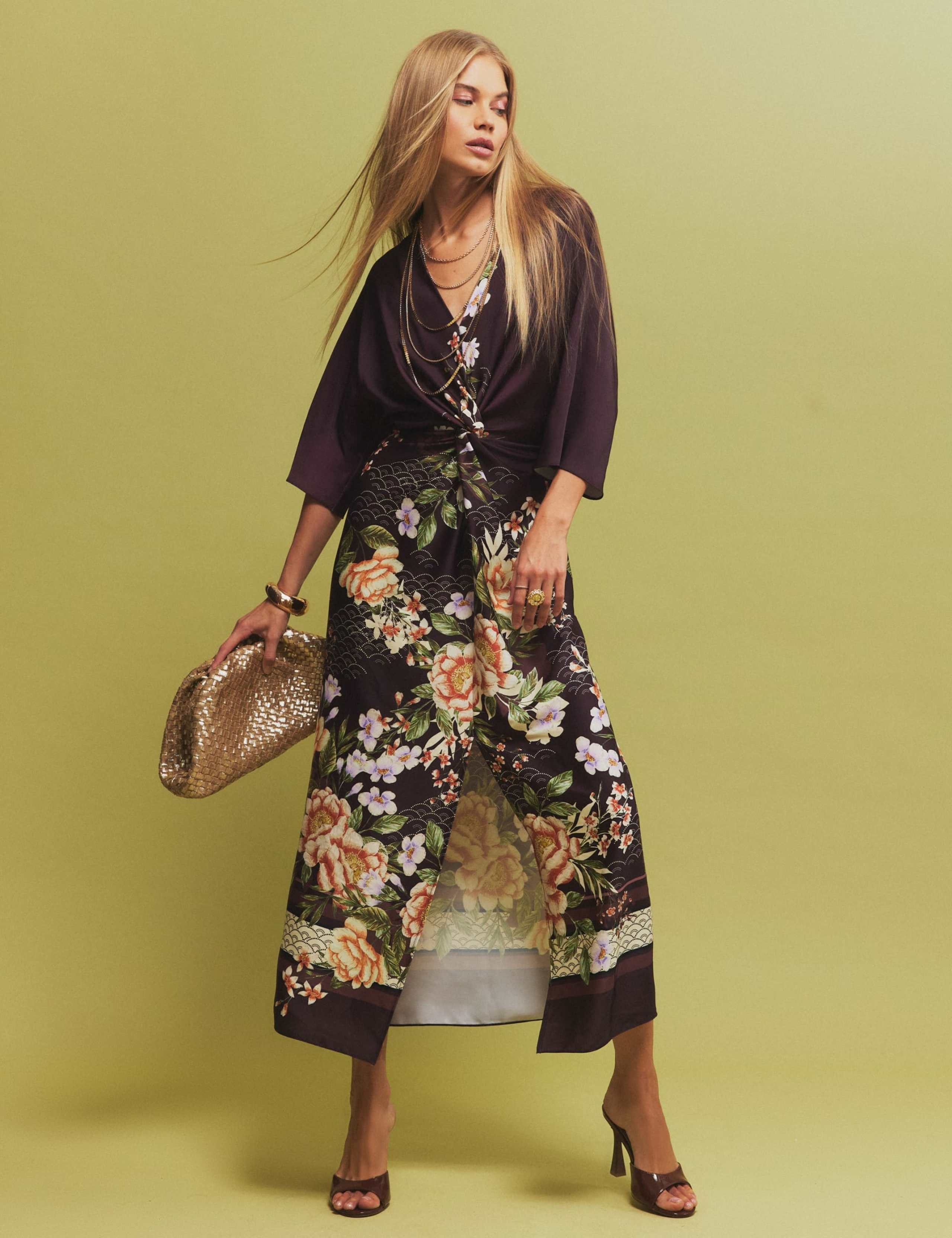 Printed V Neck Twist Front Midi Shift Dress