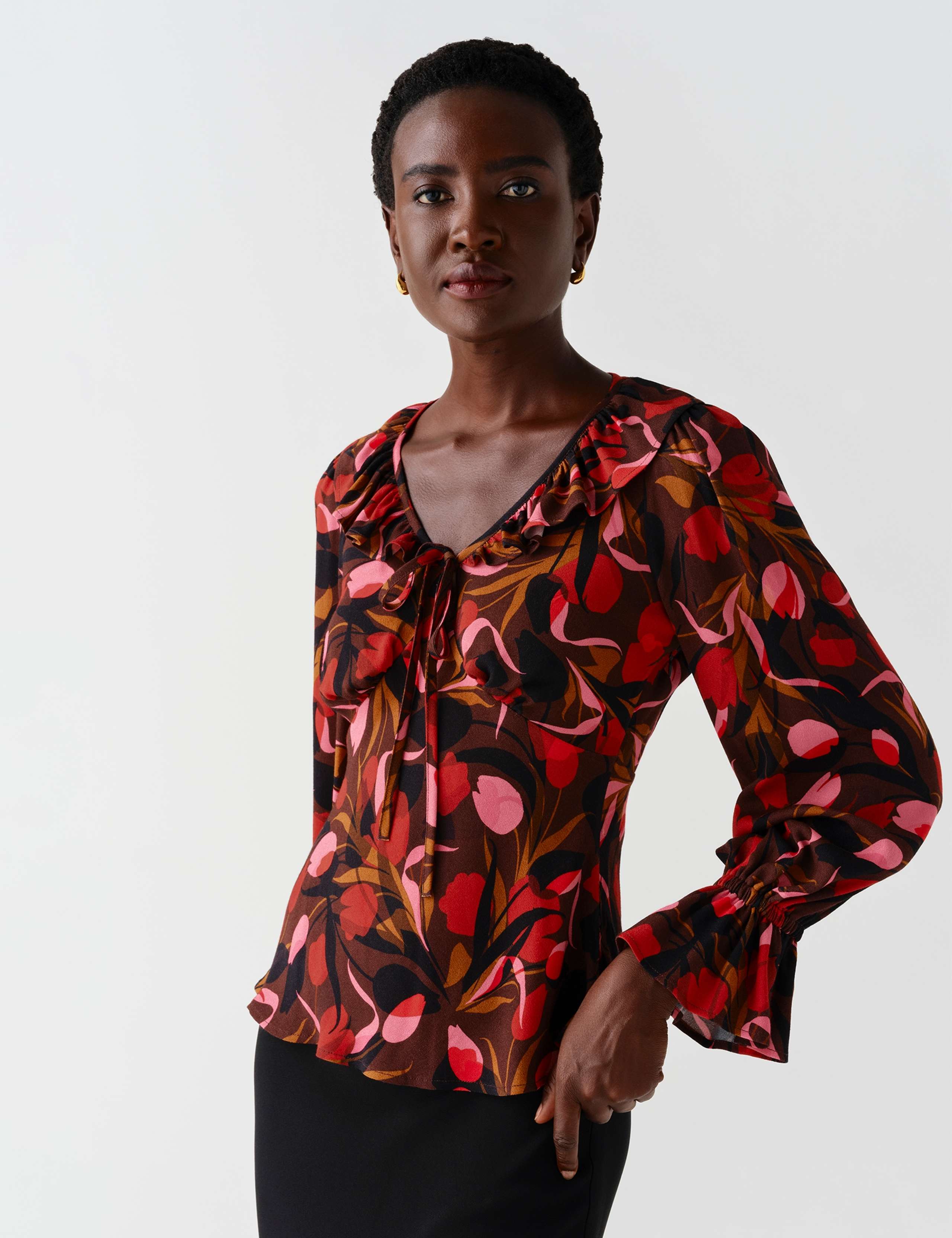 Crepe Floral V Neck Frill Detail Top