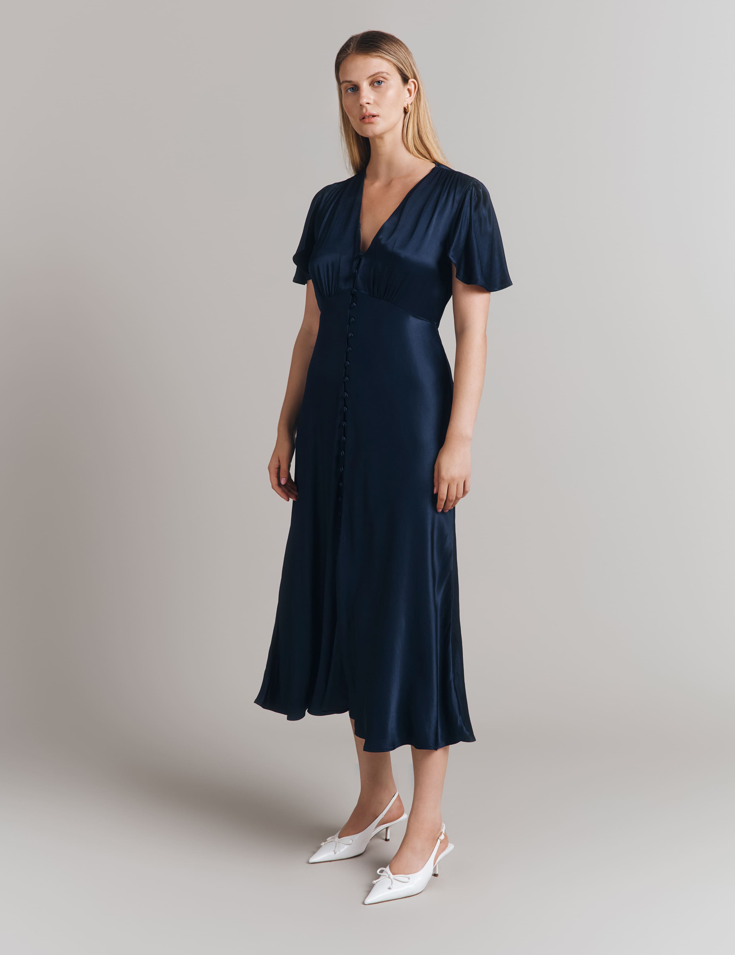 Satin V-Neck Midi Skater Dress