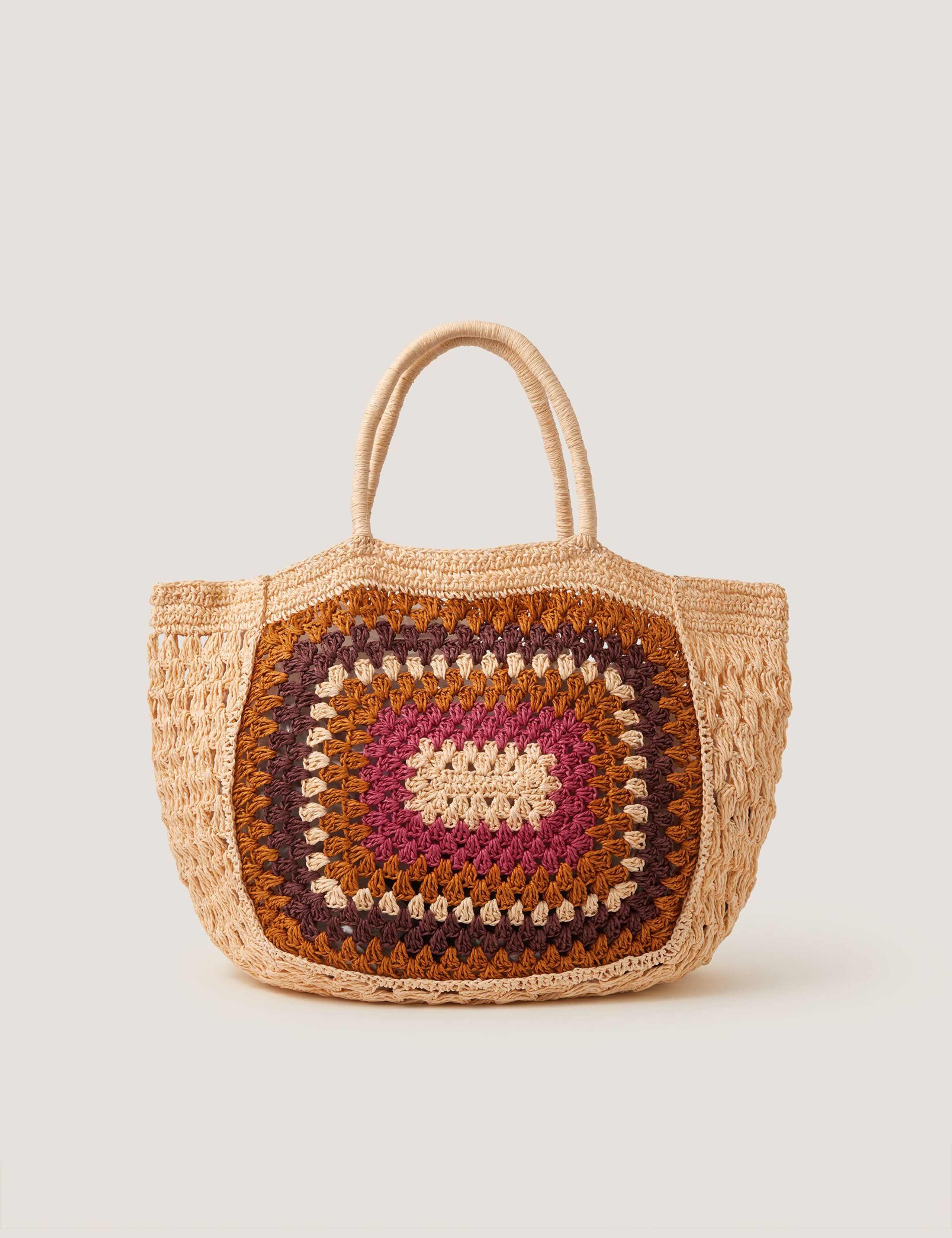 Crochet Straw Colour Block Tote Bag