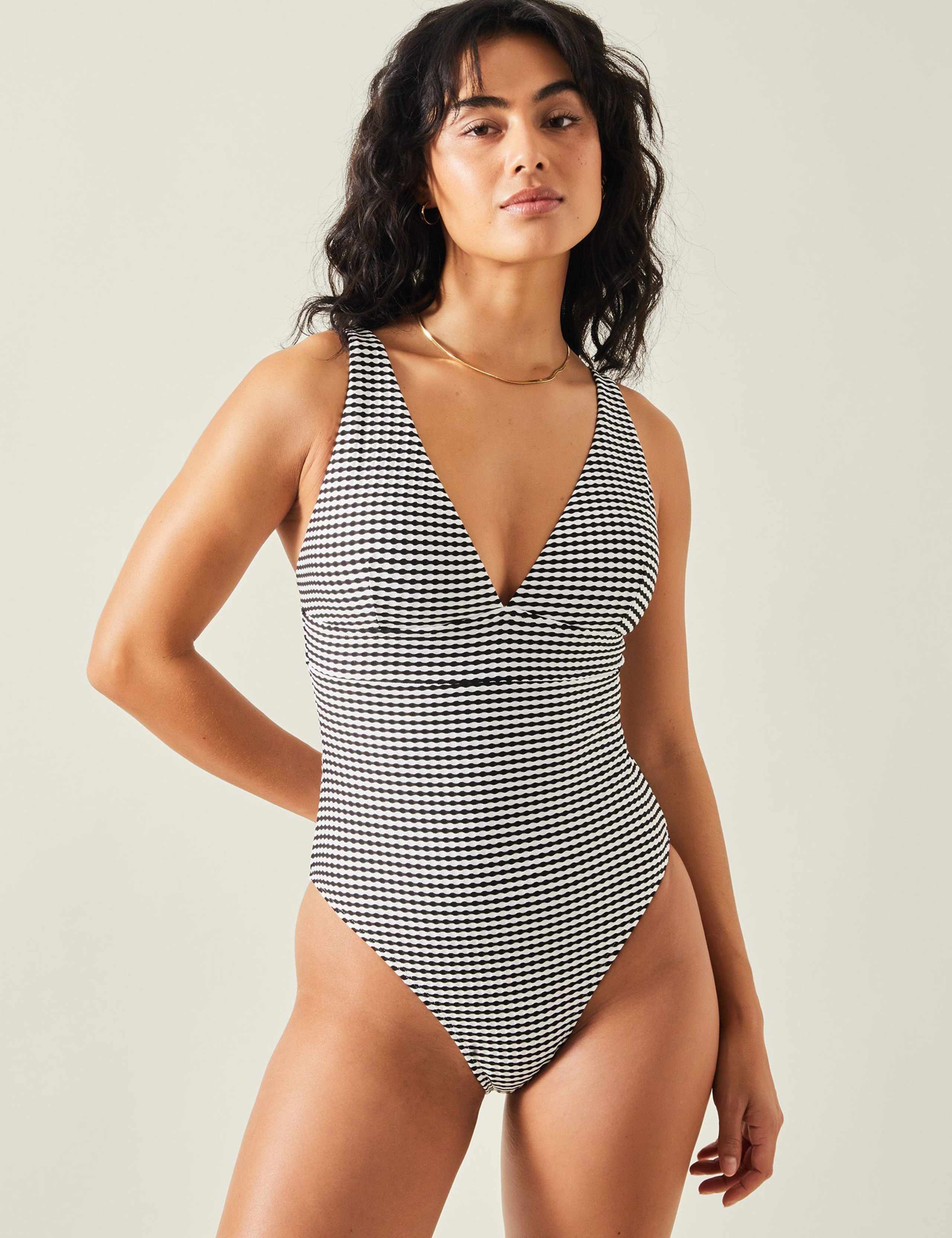 Seersucker Monochrome Striped Plunge Swimsuit