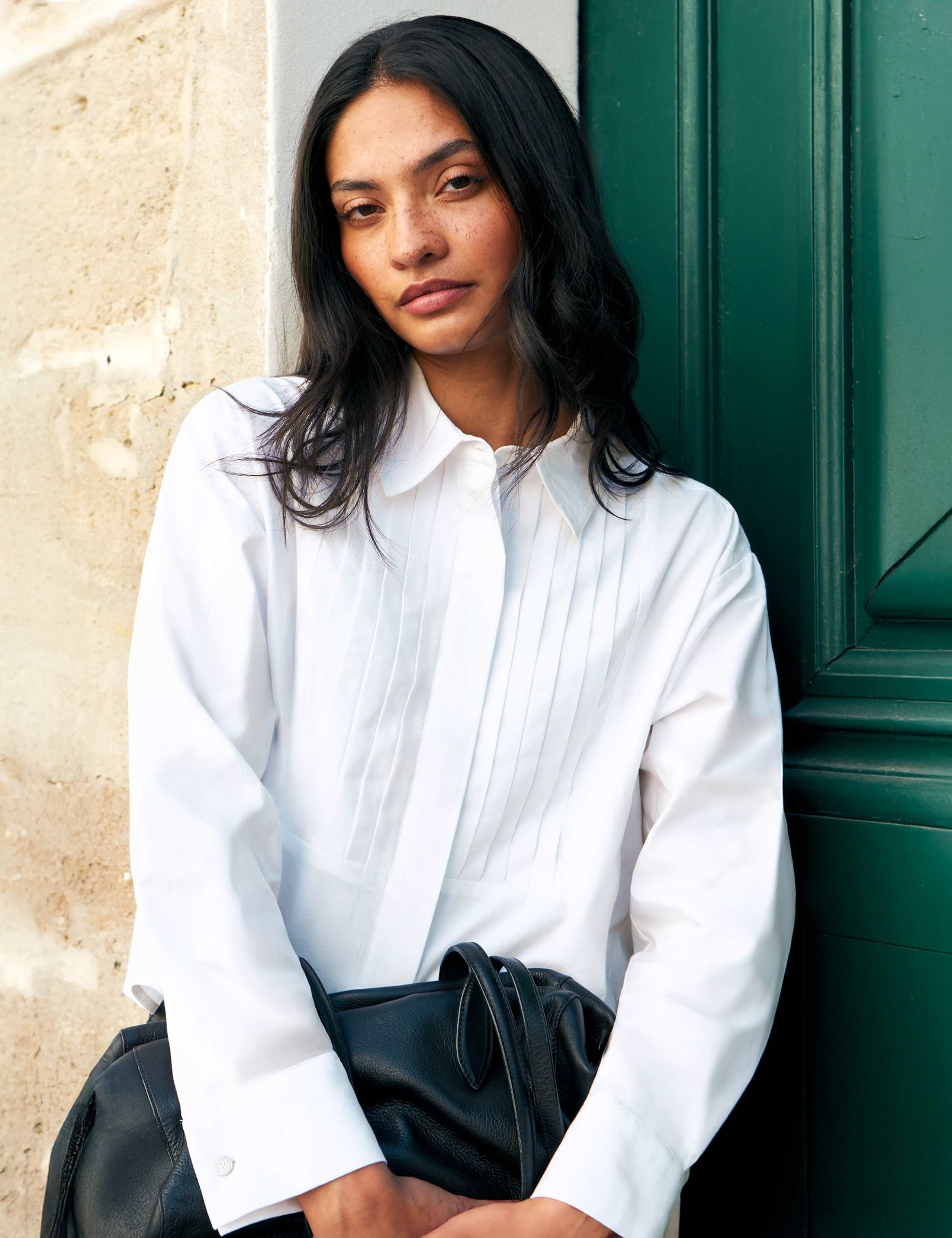 Cotton Rich Bib Front Pleat Detail Cropped Shirt