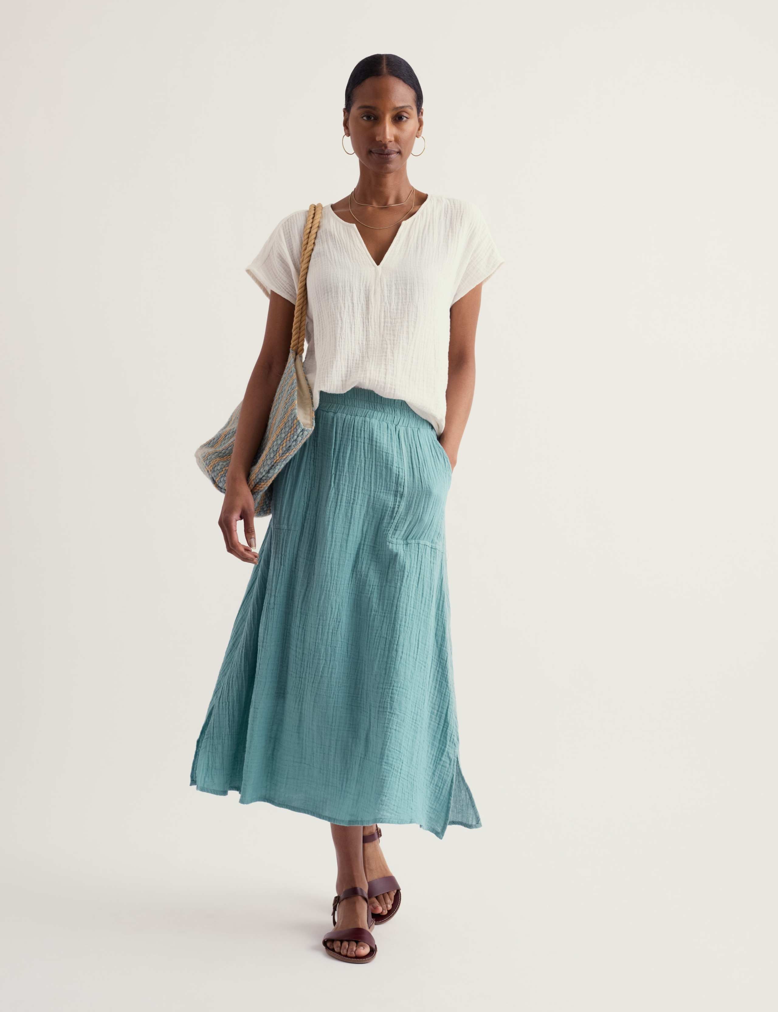 Pure Cotton Textured Midi A-Line Skirt