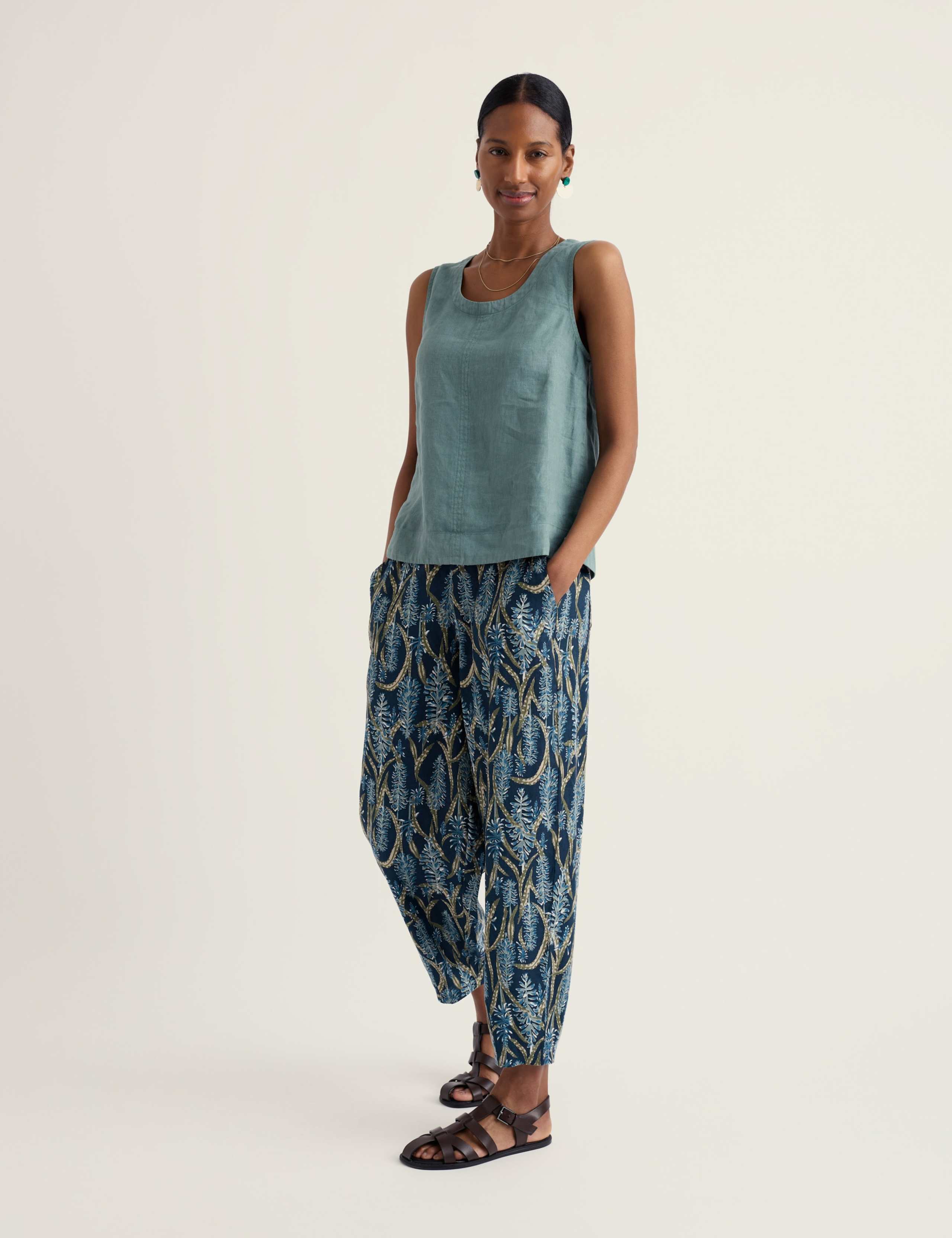 Pure Linen Floral Tapered Cropped Trousers