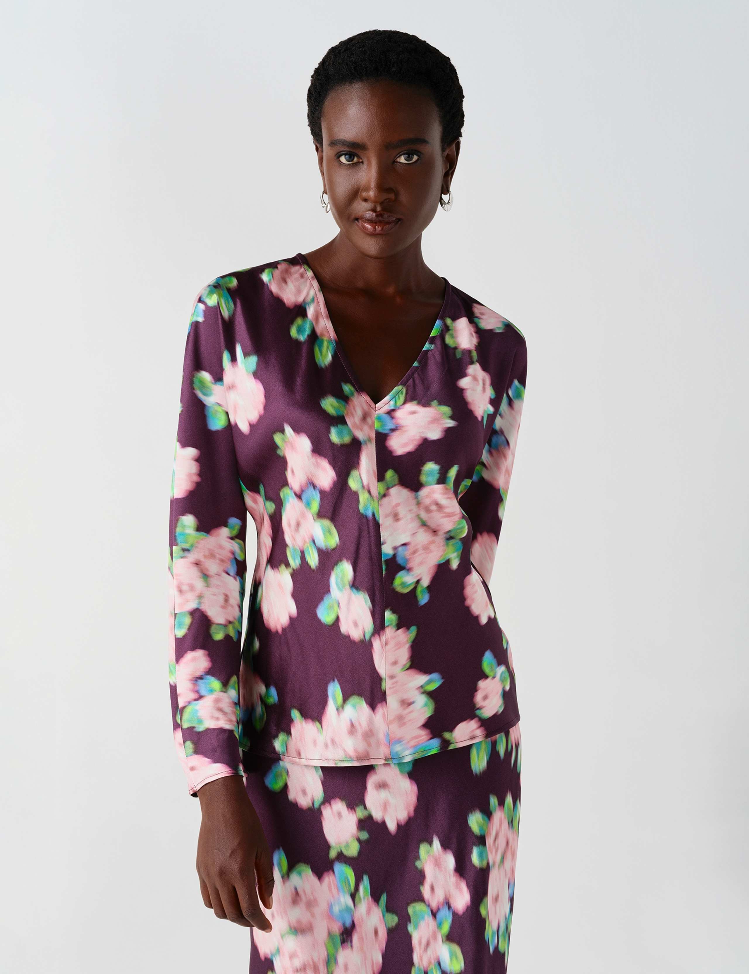 Satin Floral V Neck Batwing Sleeve Top