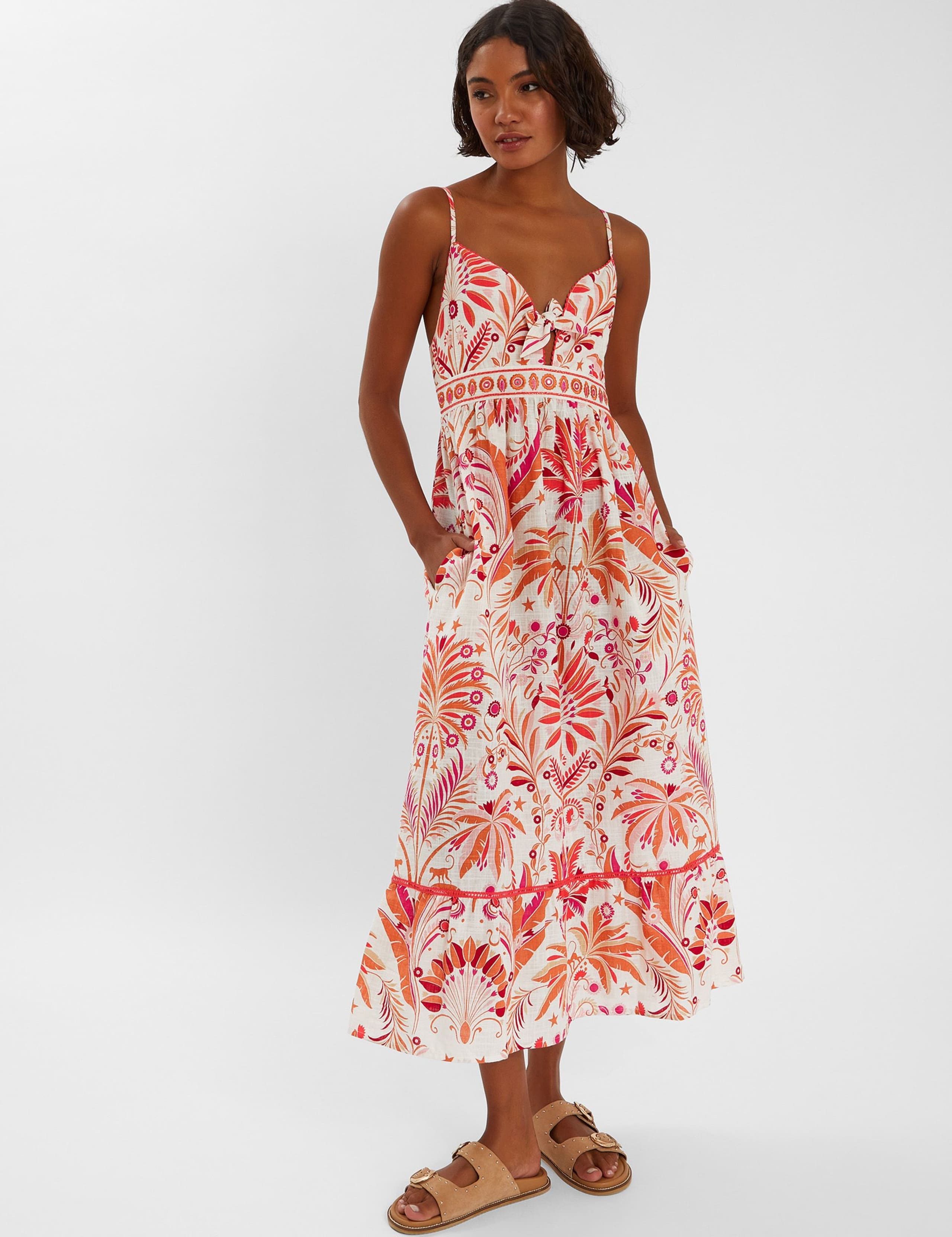 Pure Cotton Floral Tie Front Midi Slip Dress