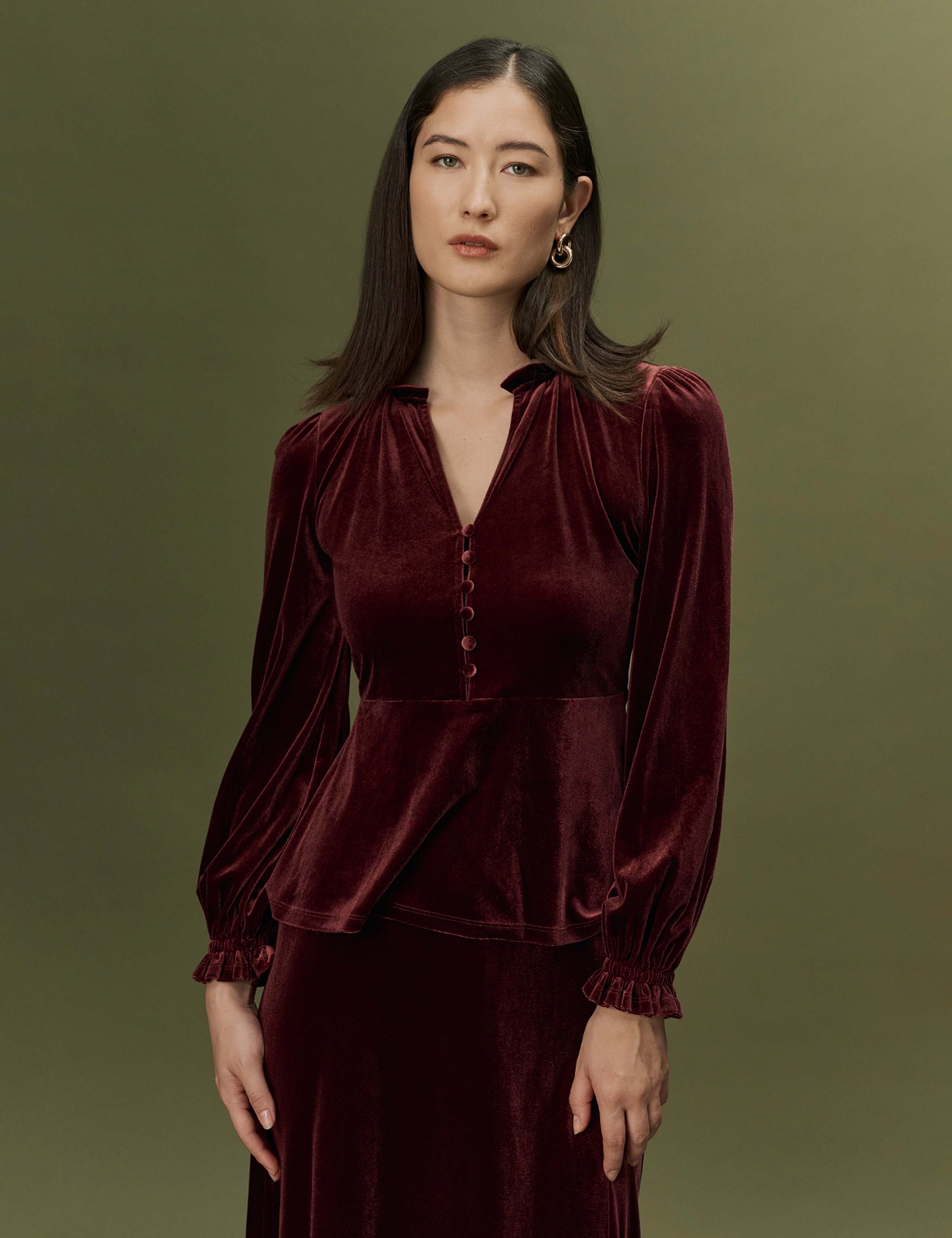 Velvet V Neck Frill Detail Top
