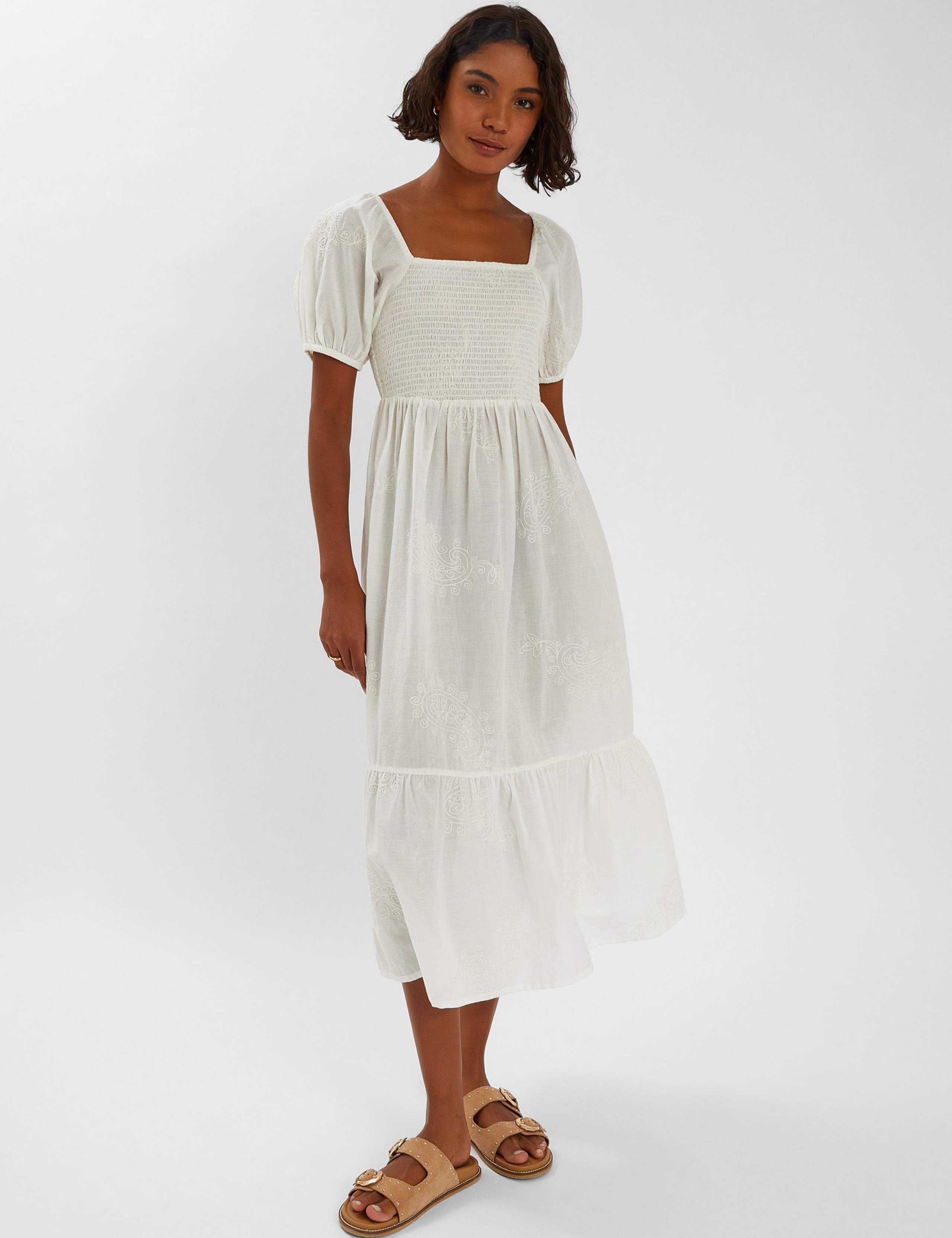 Pure Cotton Embroidered Midi Tiered Dress