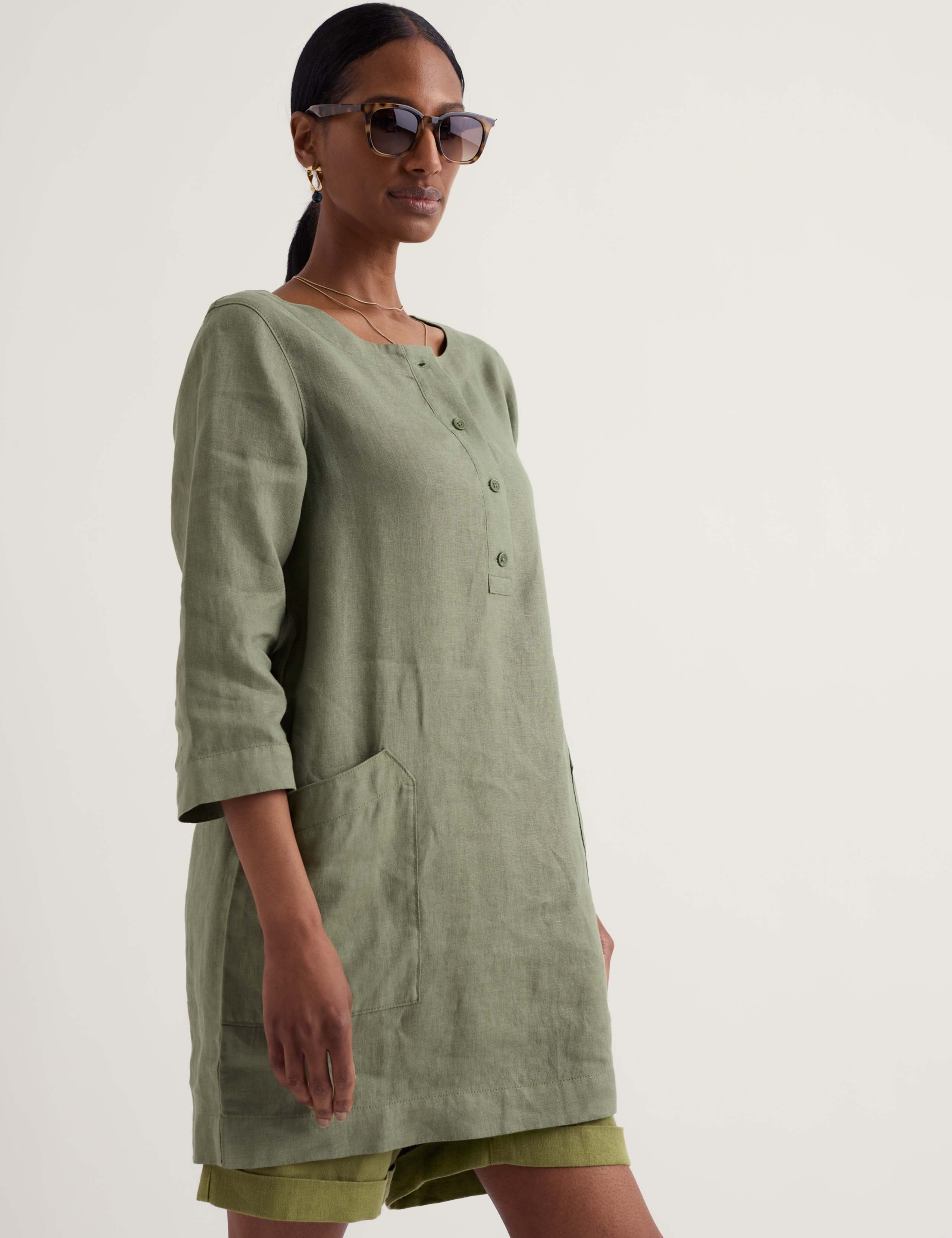 Pure Linen Scoop Neck Pocket Half Placket Tunic