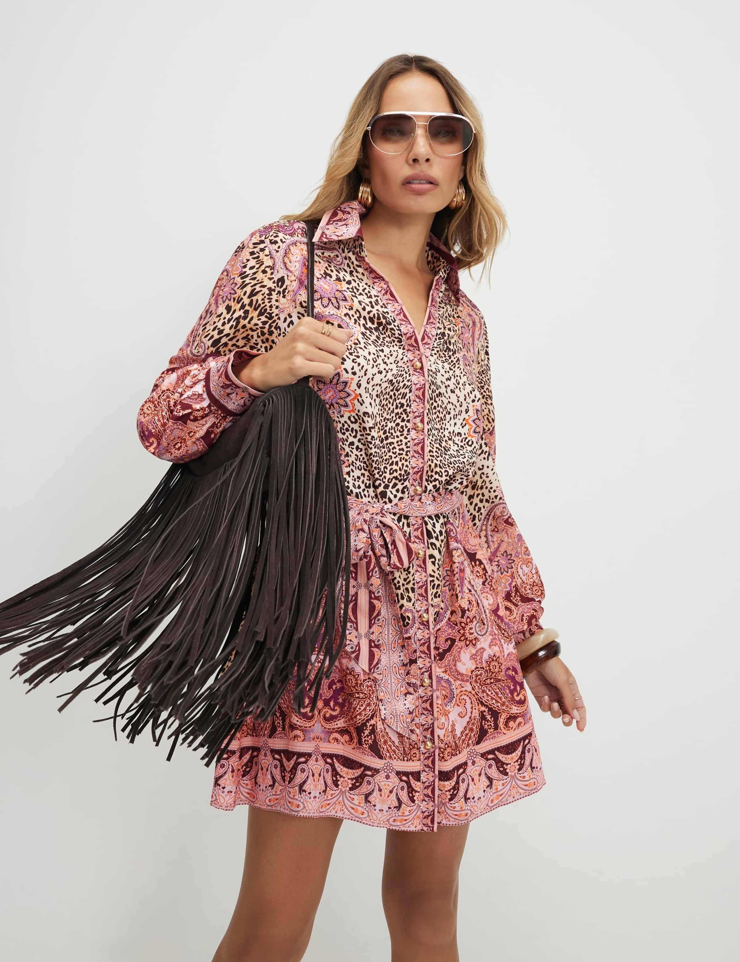 Pure Cotton Printed Belted Mini Shirt Dress