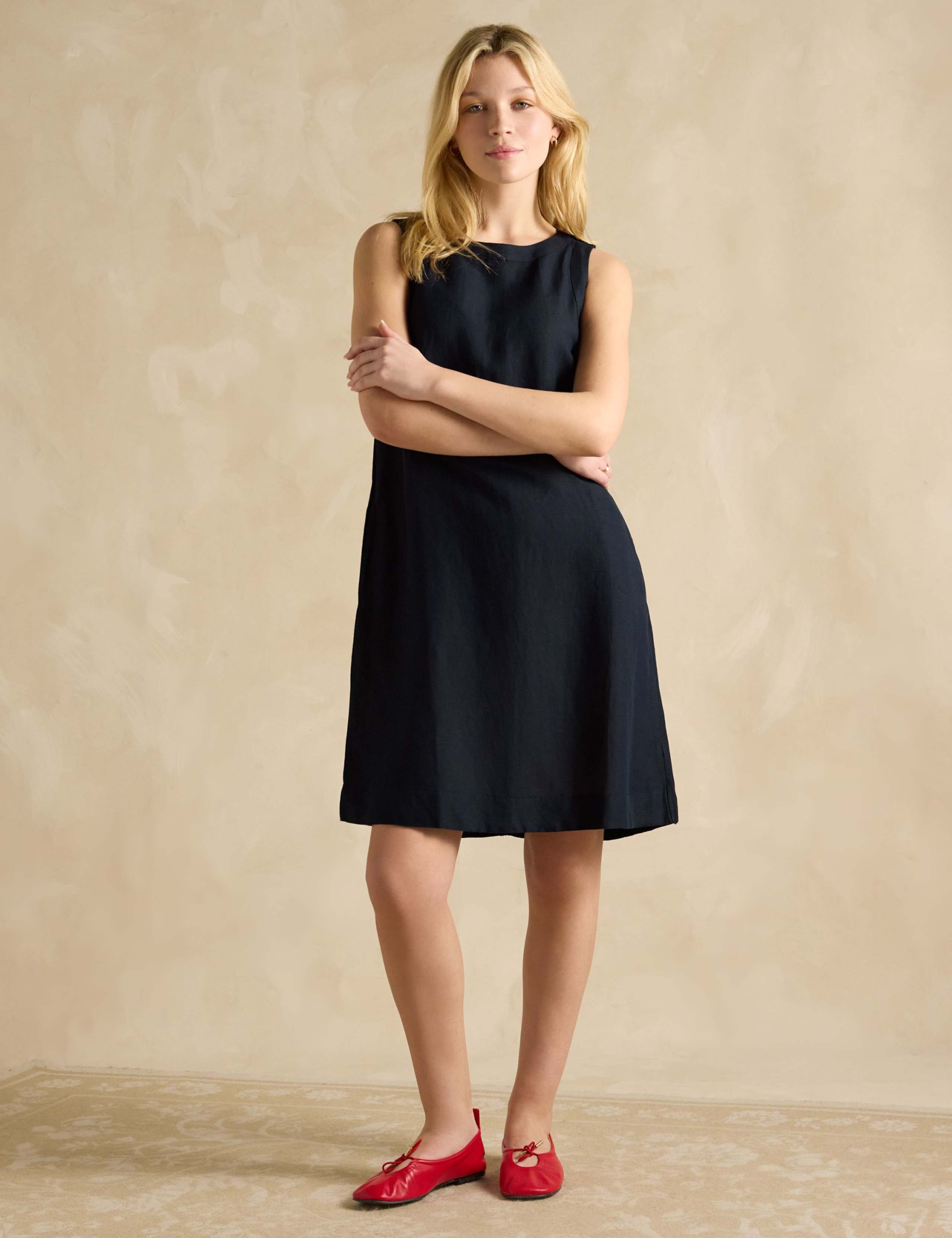 Linen Blend Round Neck Shift Dress