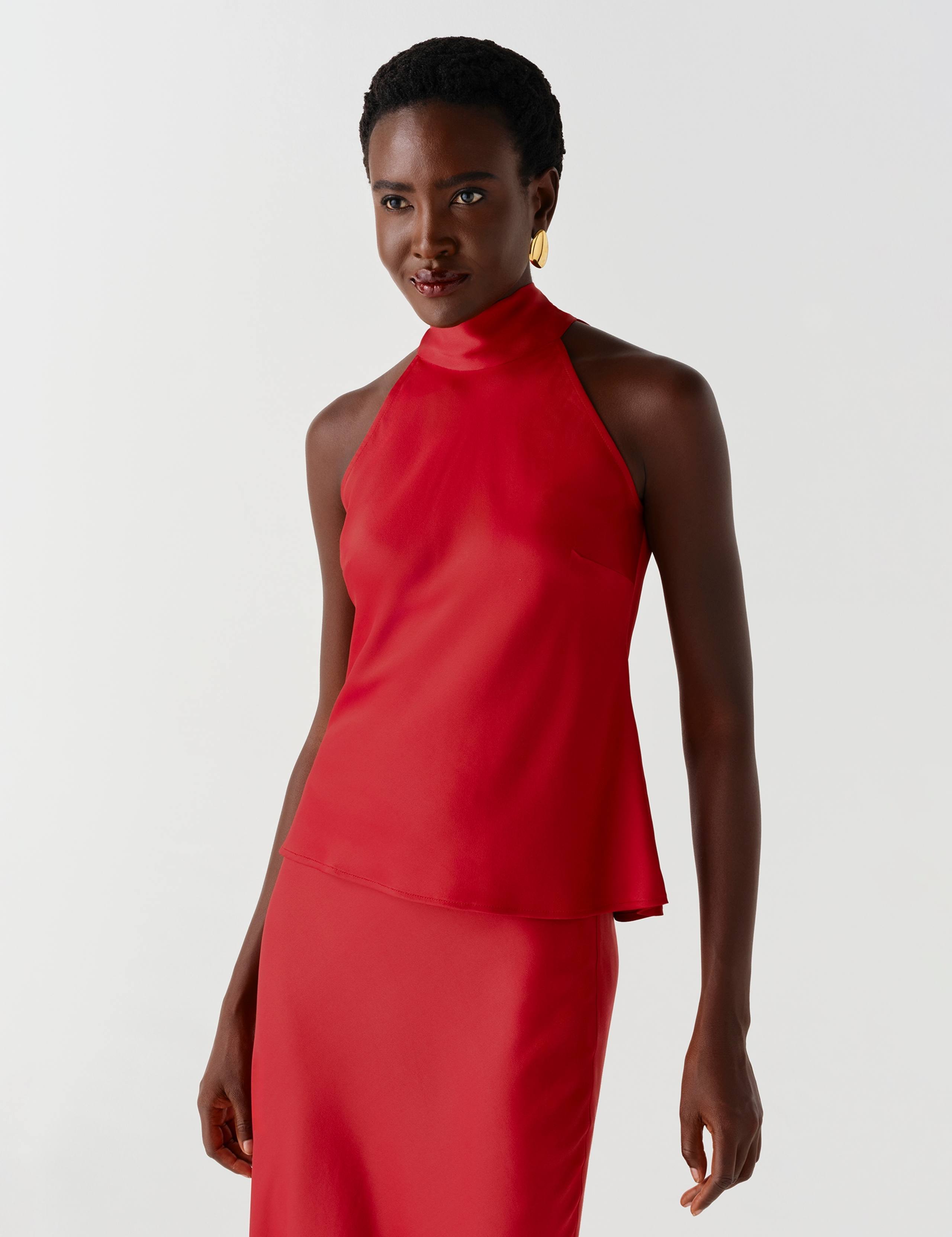 Satin Crepe High Neck Keyhole Top