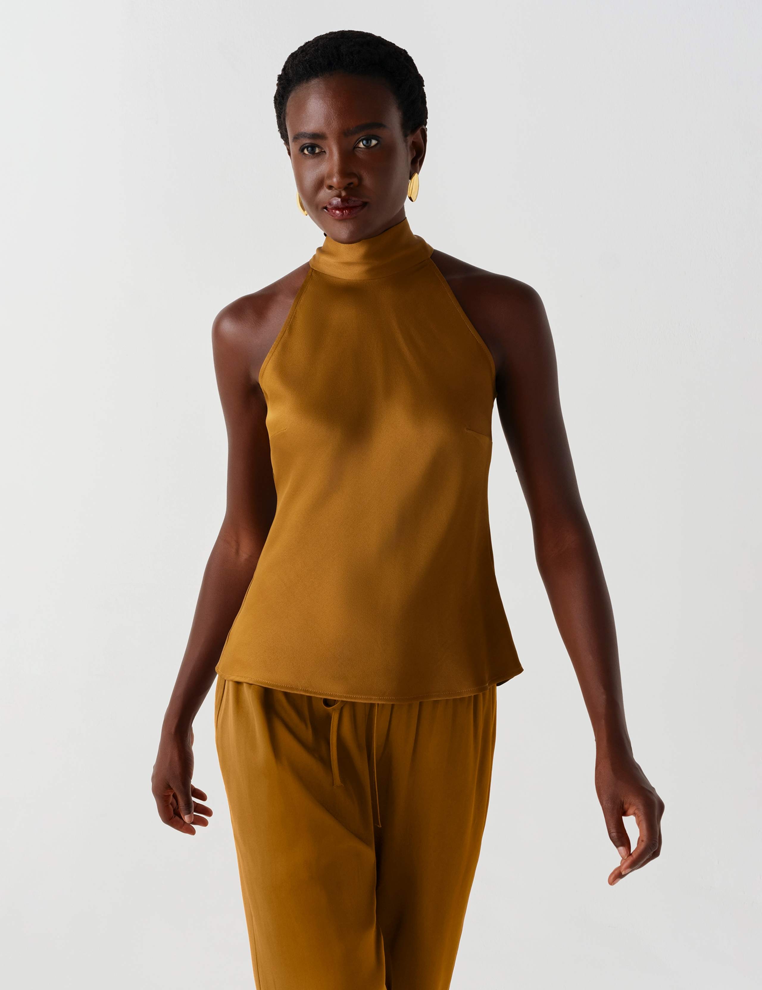 Satin Crepe High Neck Keyhole Top