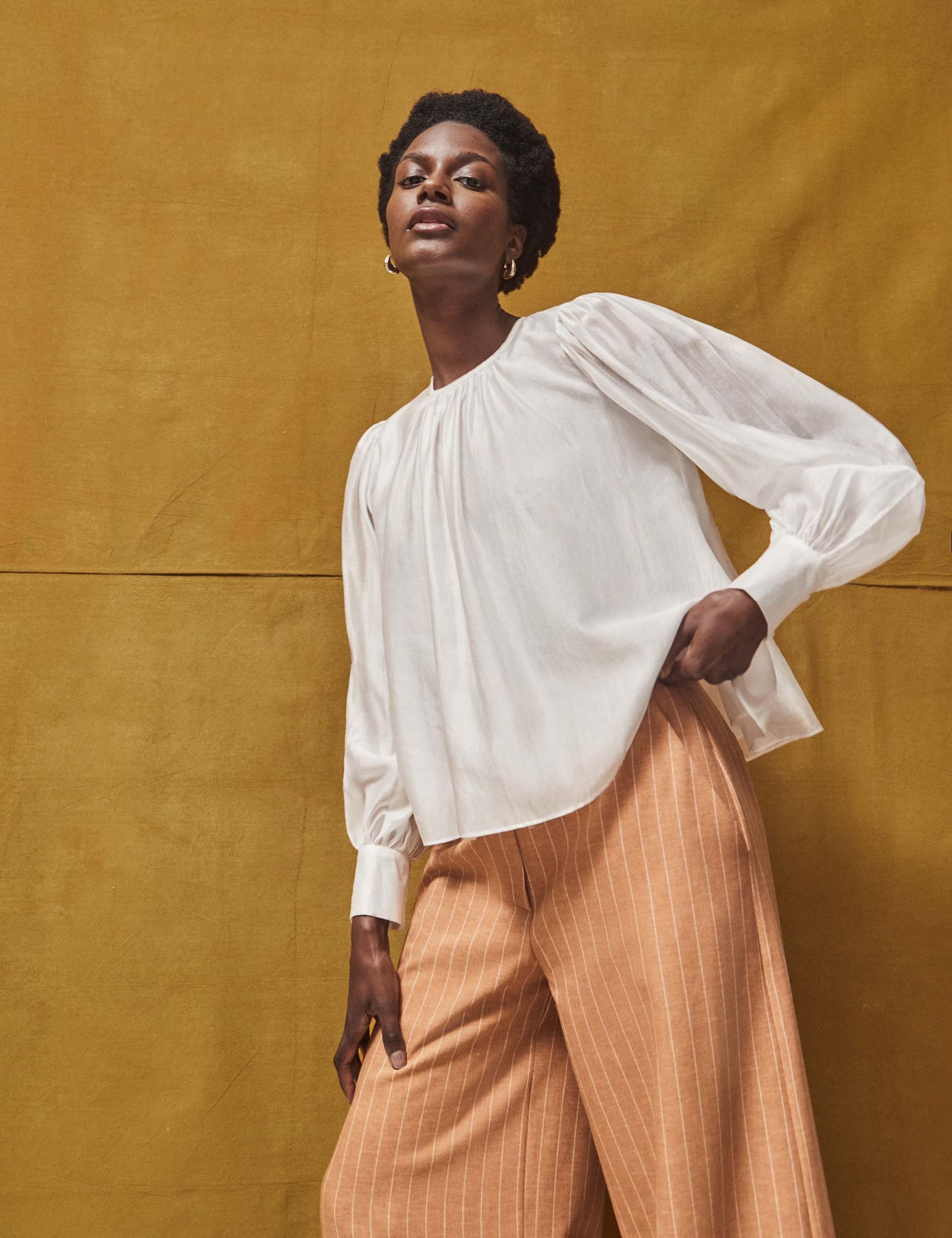 Sheer Button Cuff Blouson Sleeve Blouse