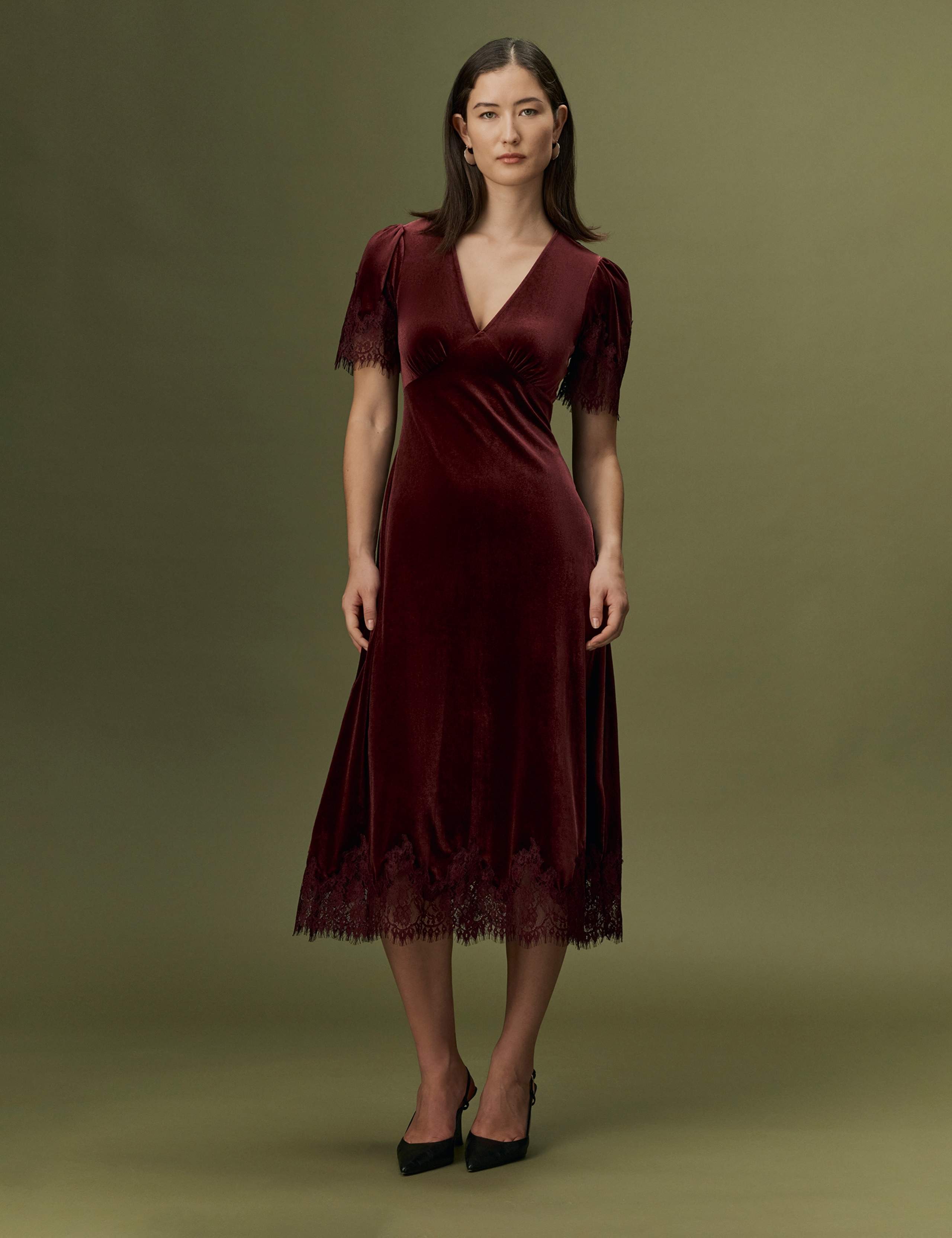 Velvet V-Neck Empire Line Midi Dress
