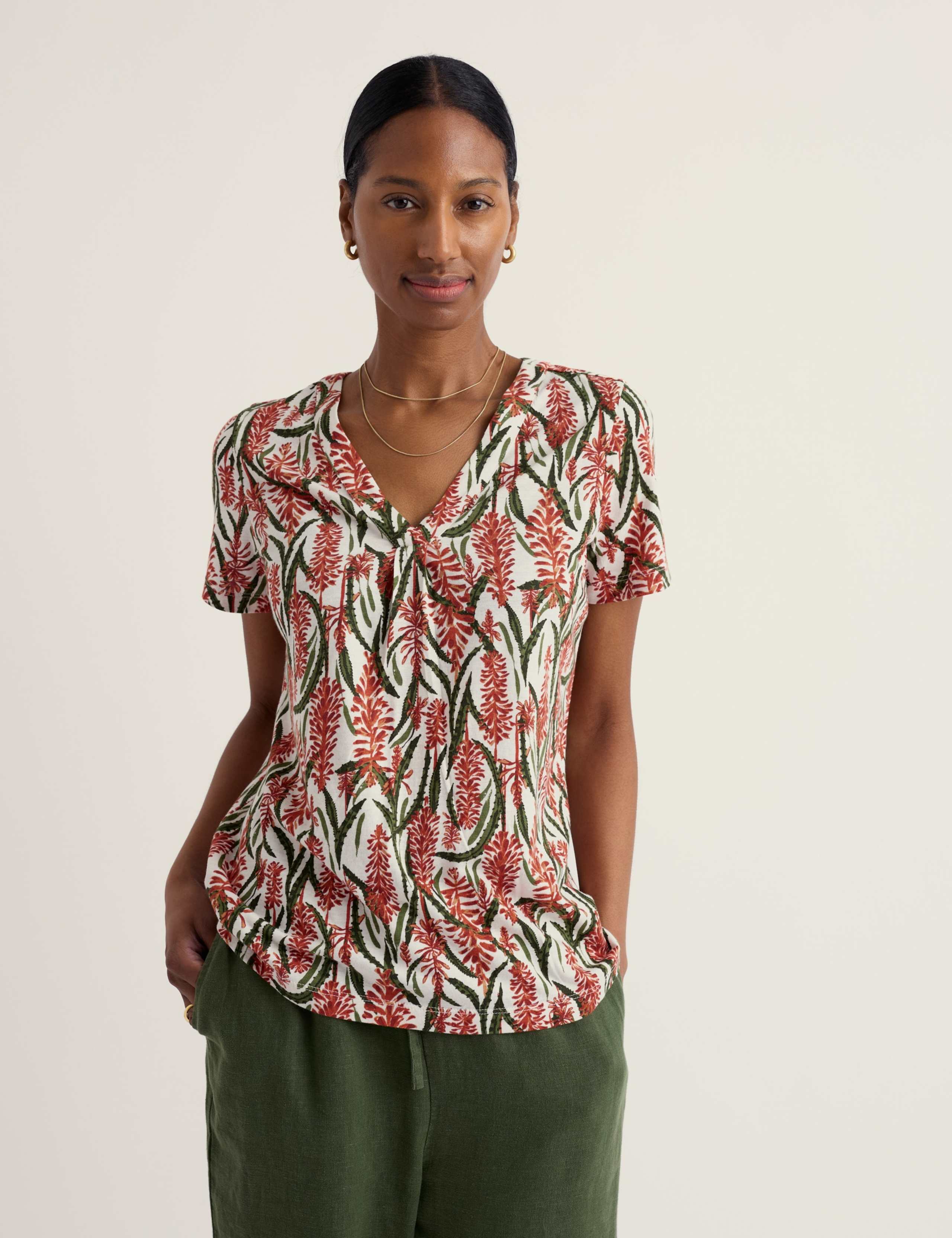 Cotton Rich Floral V-Neck Pleat Detail Top