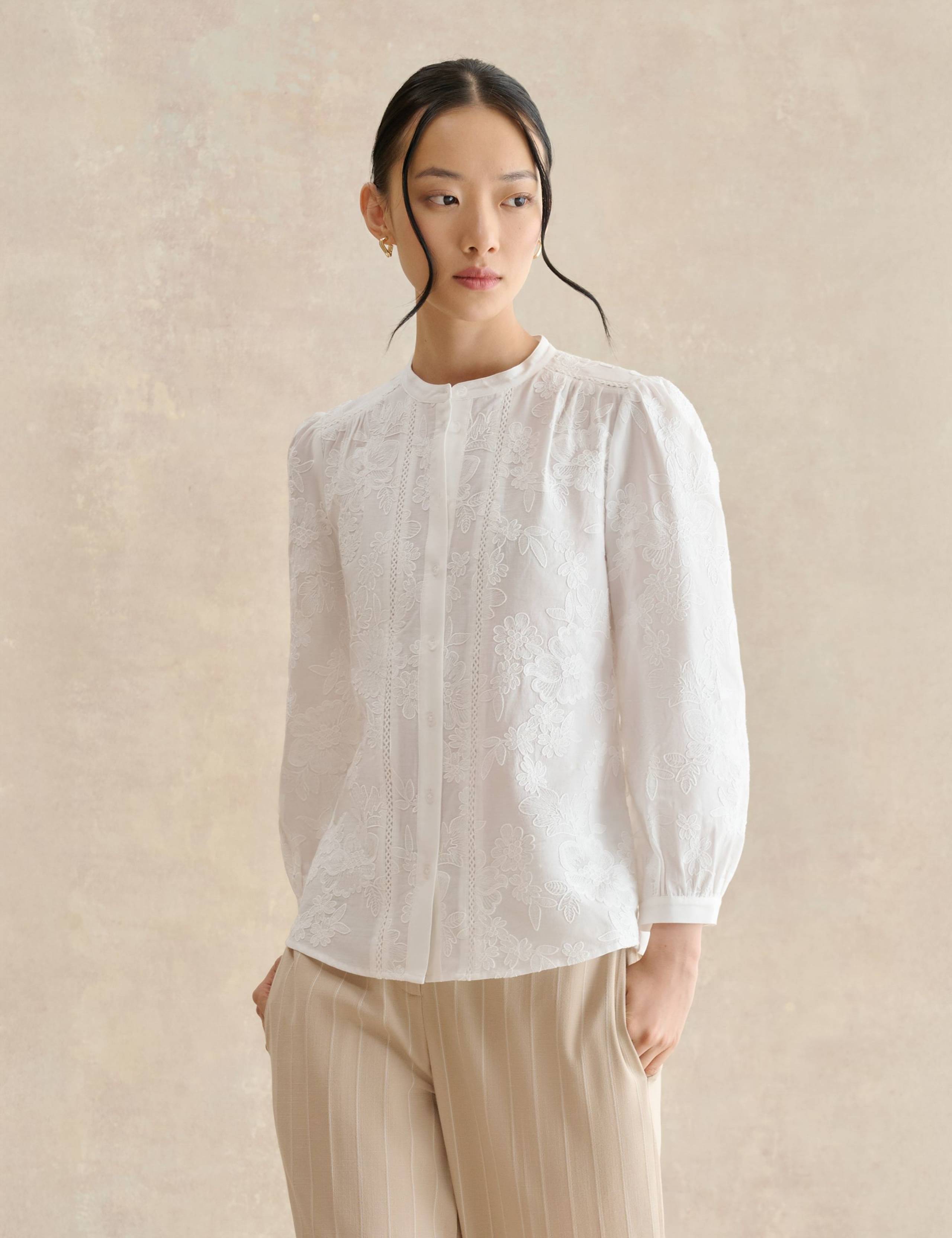 Pure Cotton Embroidered Crew Neck Blouse