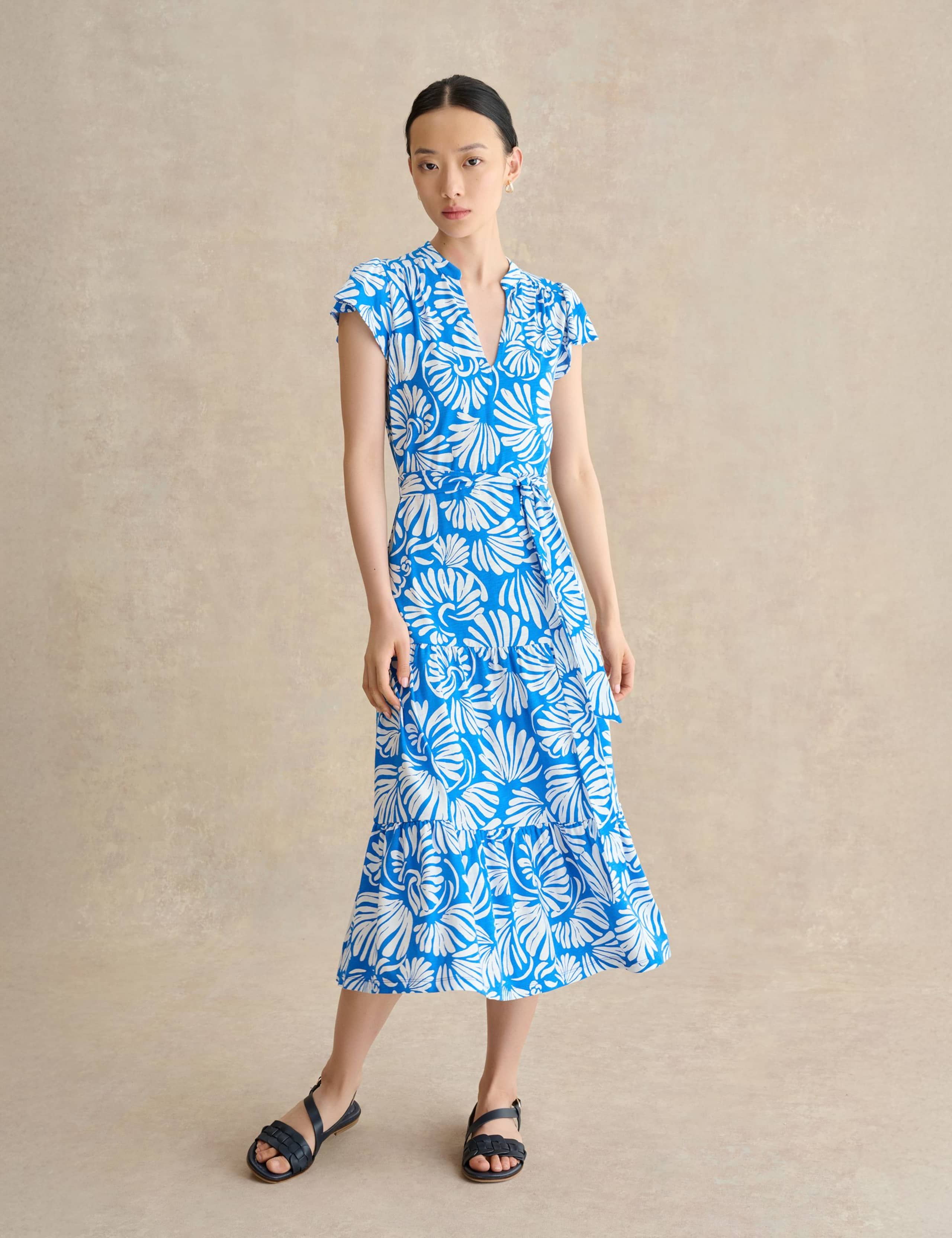 Jersey Printed V-Neck Midi Tiered Dress