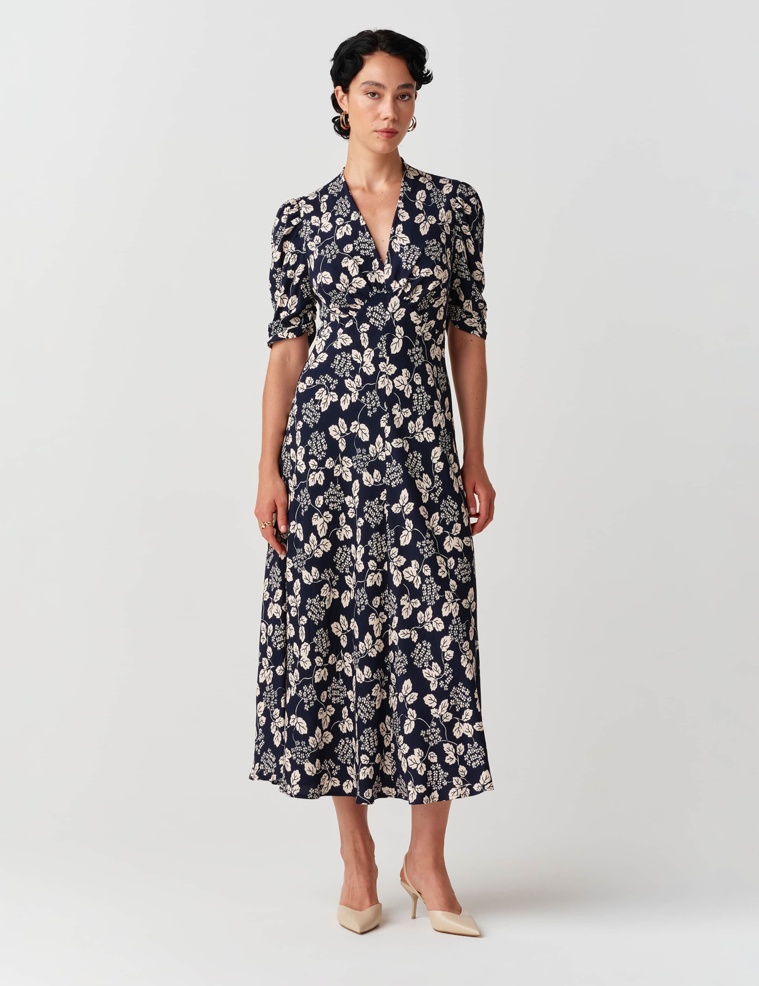 Crepe Floral V Neck Puff Sleeve Tea Dress