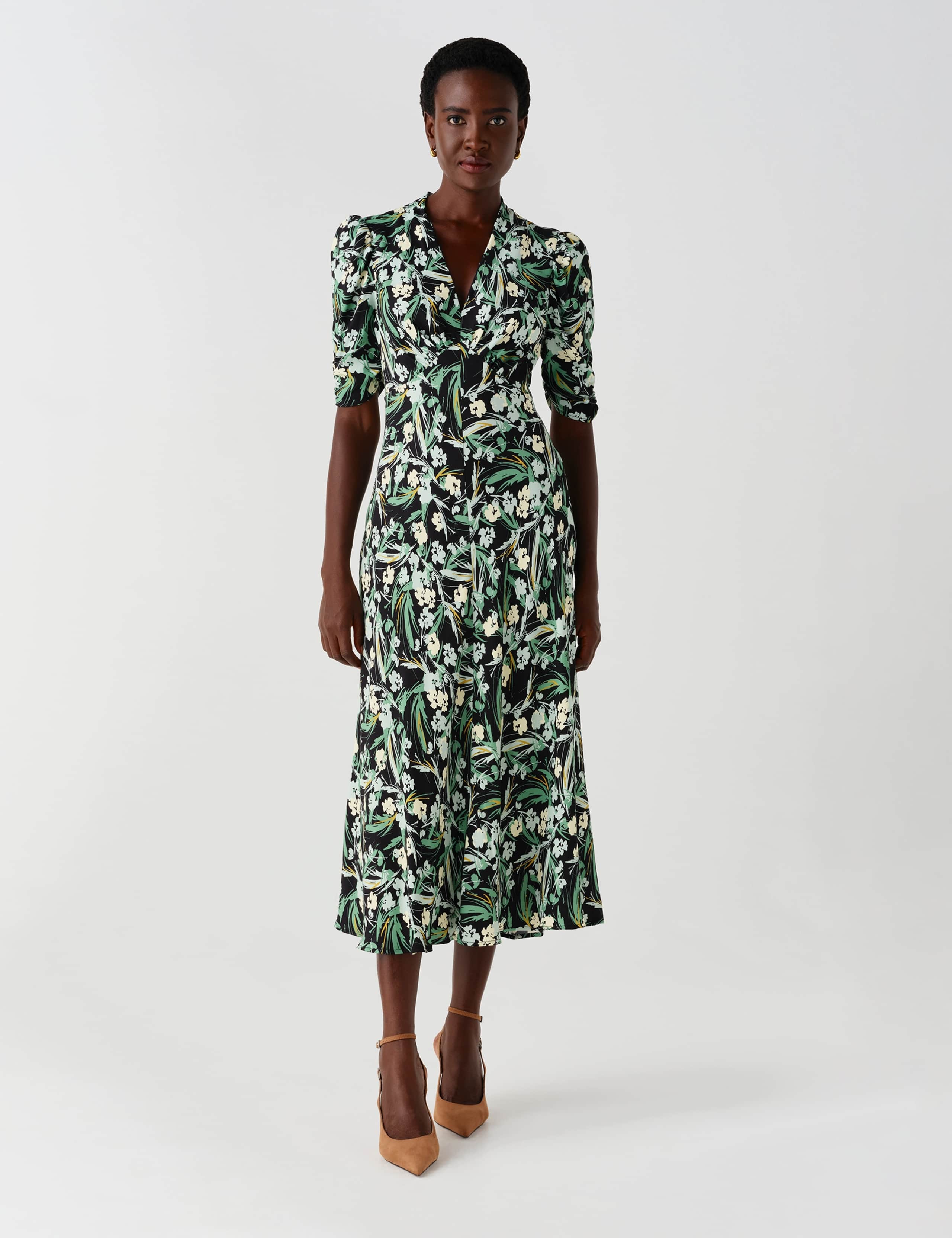 Crepe Floral V Neck Puff Sleeve Tea Dress