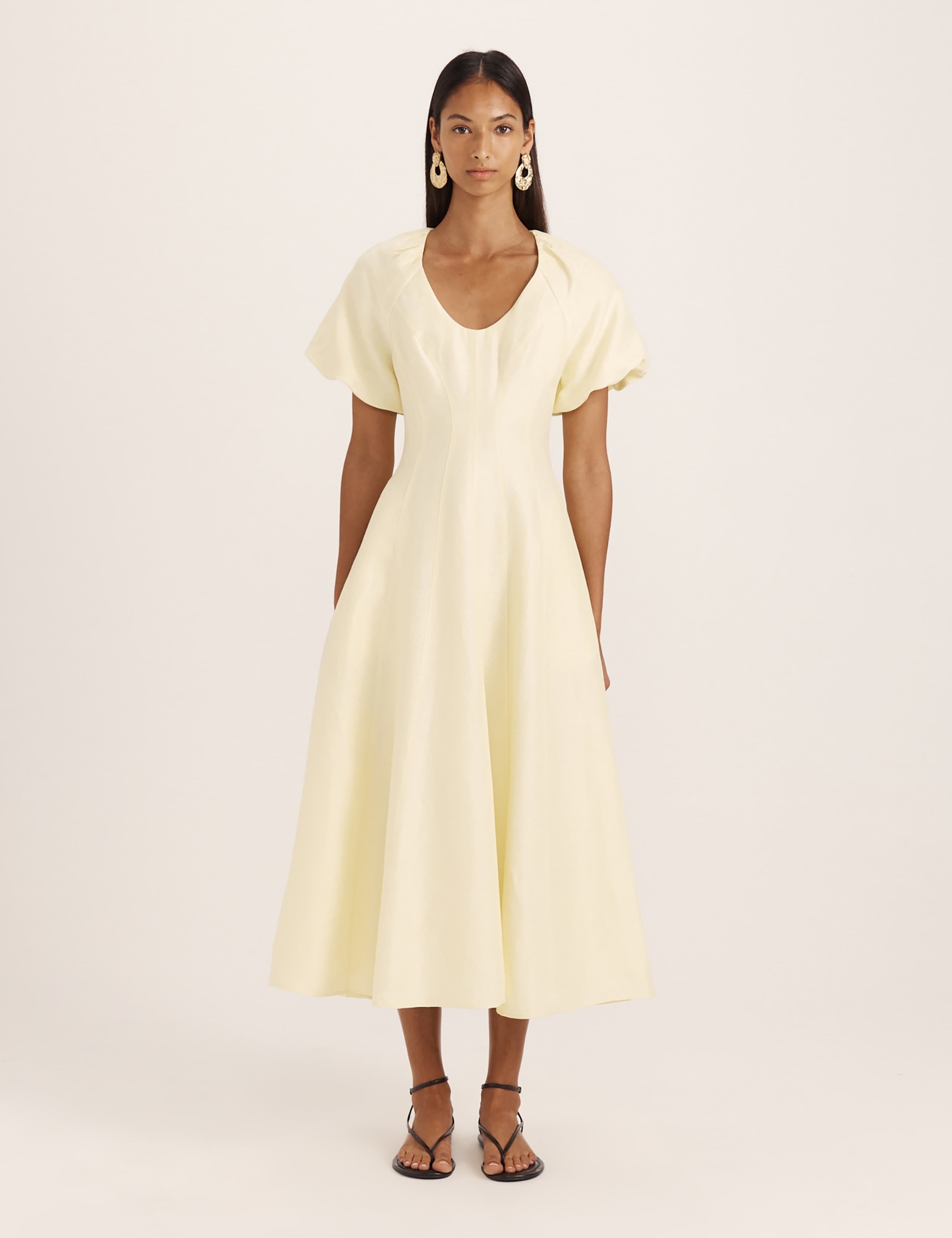Linen Rich Scoop Neck Midi Waisted Dress