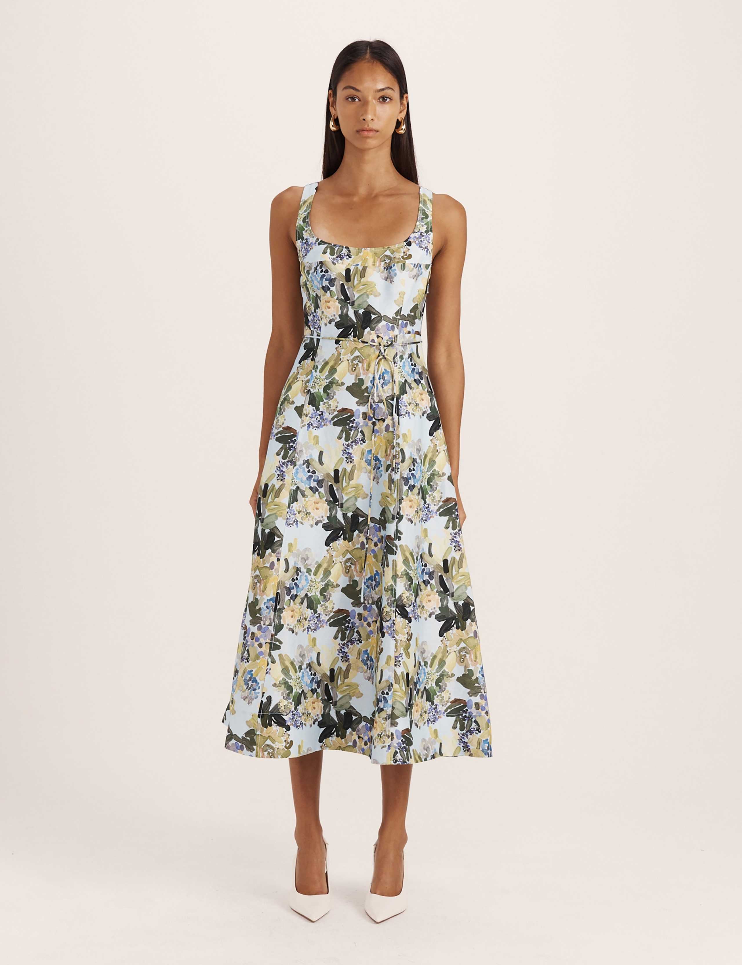 Linen Rich Floral Scoop Neck Midi Dress