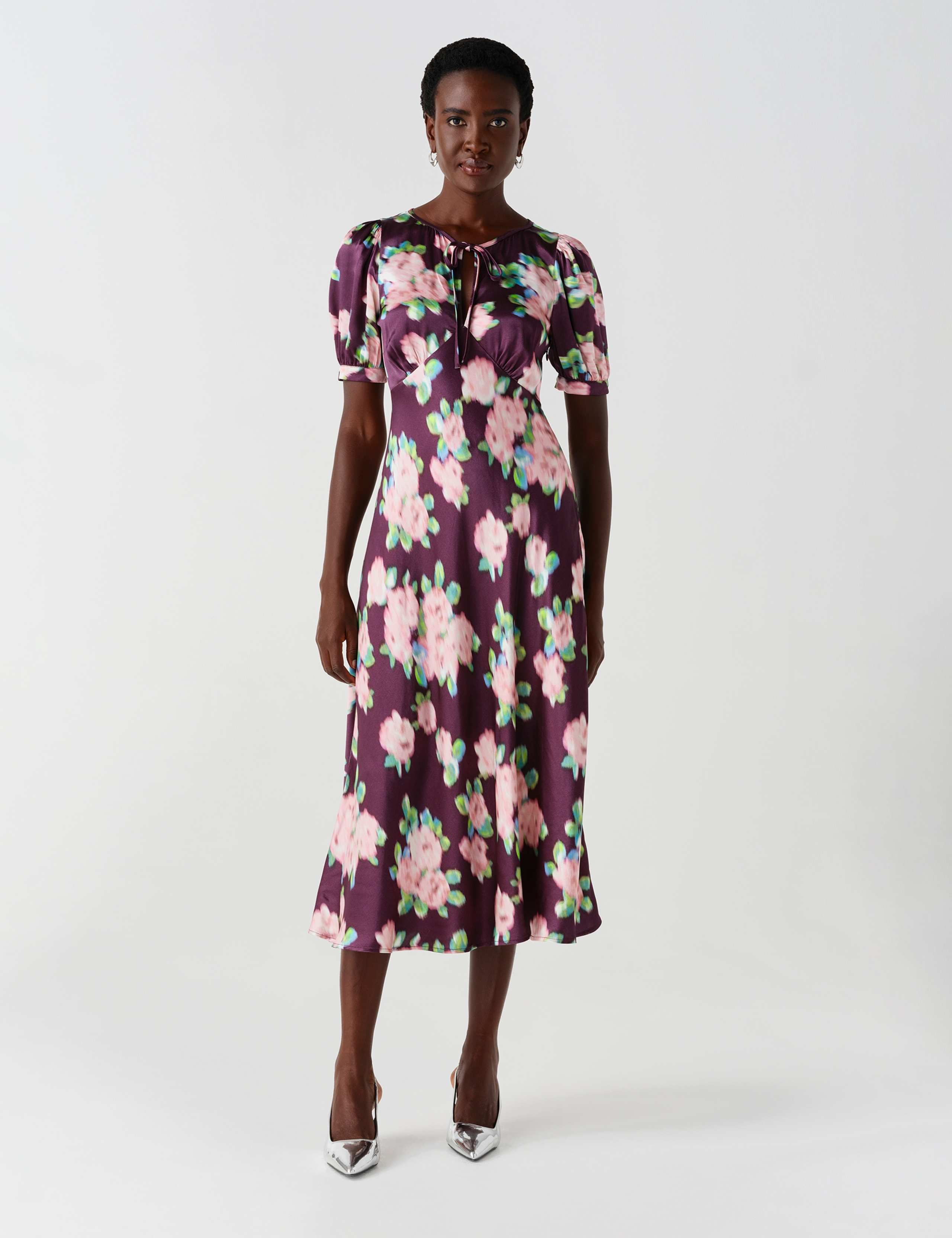 Crepe Floral Puff Sleeve Midi Slip Dress