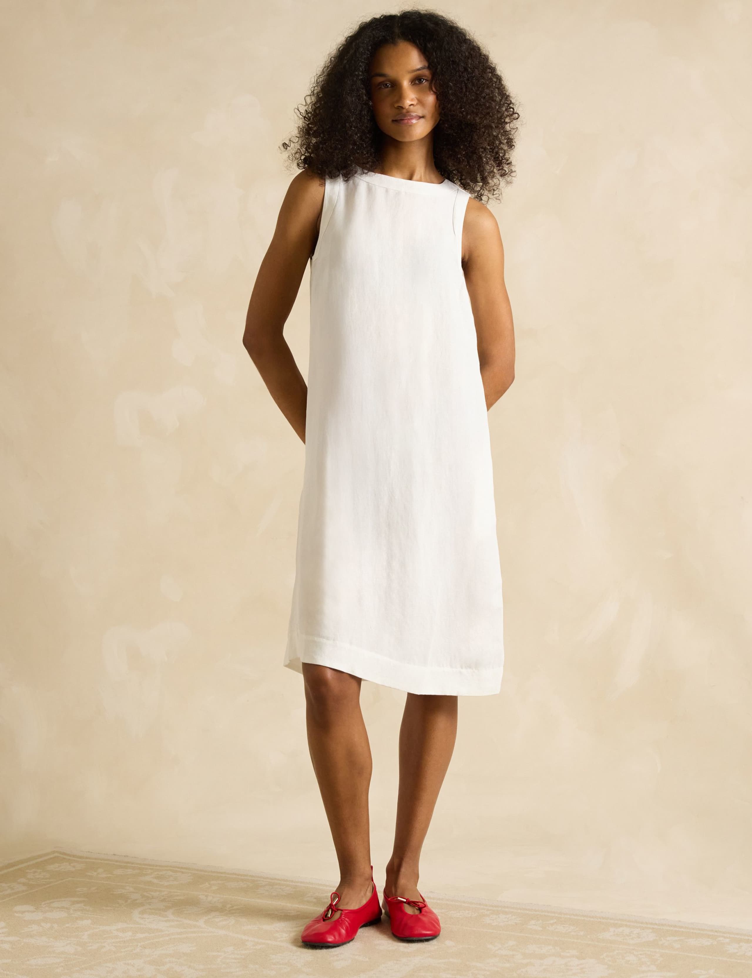 Linen Blend Round Neck Knee Length Shift Dress