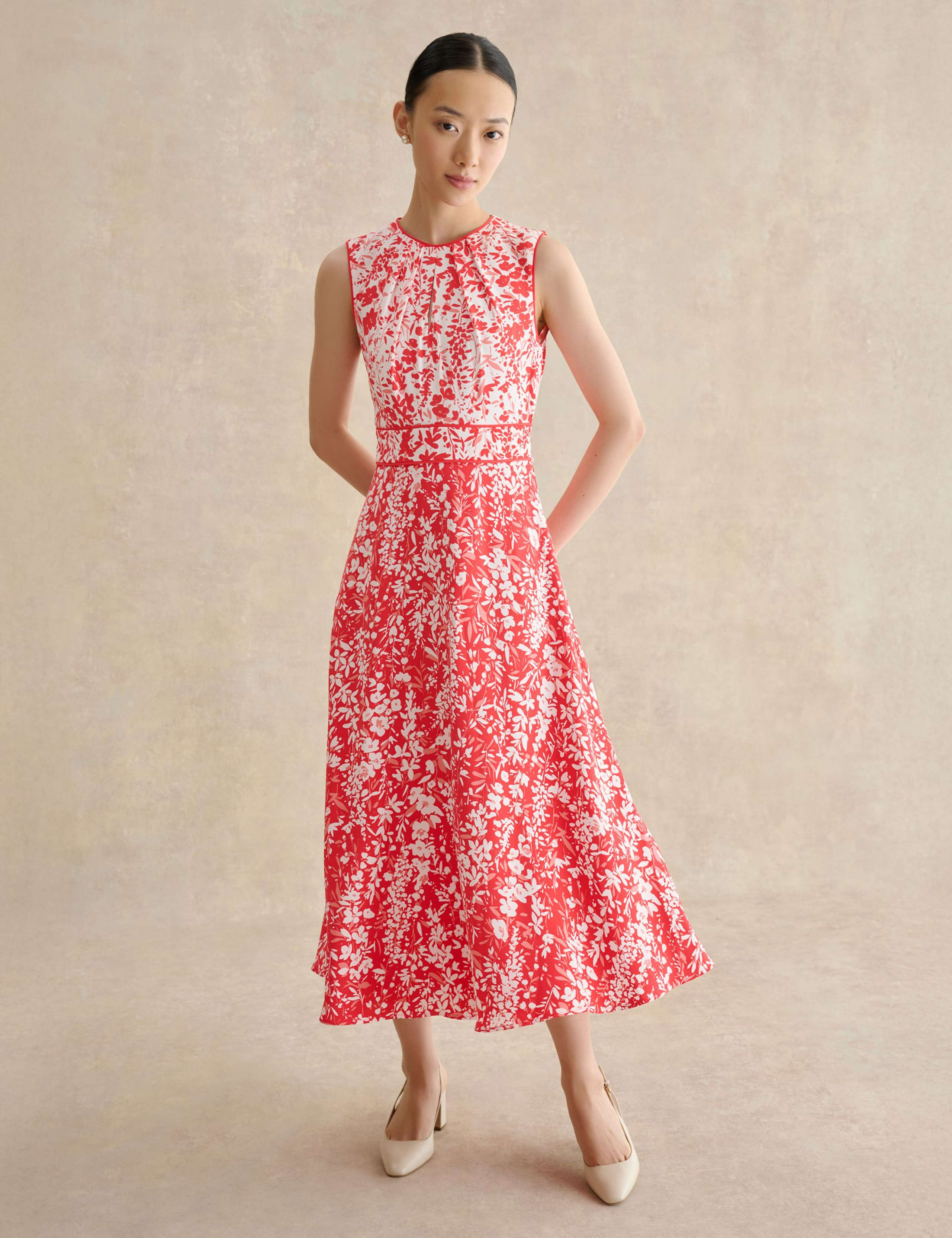 Floral Tie Waist Midi Waisted Dress