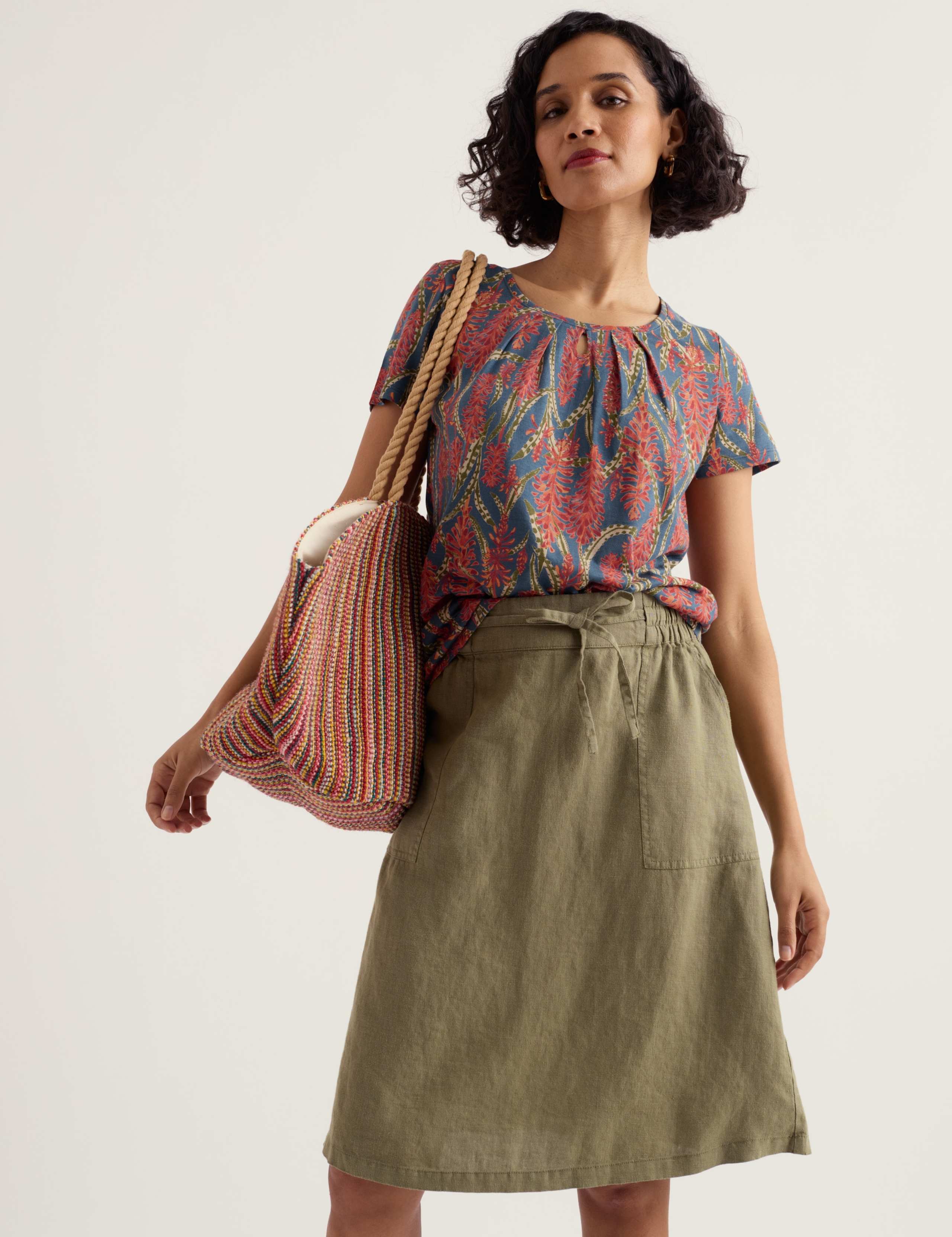 Cotton Blend Floral Keyhole T-Shirt