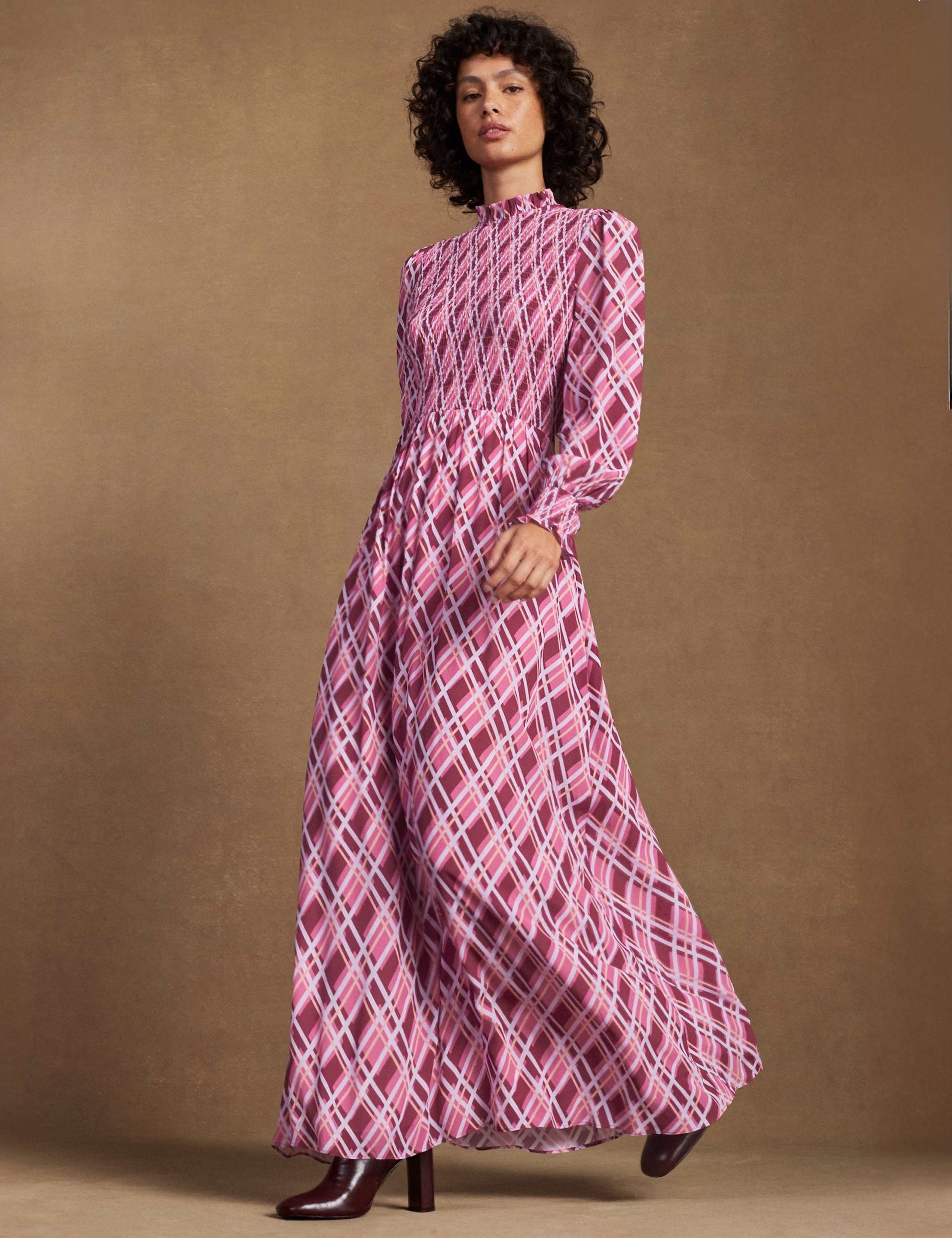 Checked High Neck Shirred Maxi Dress