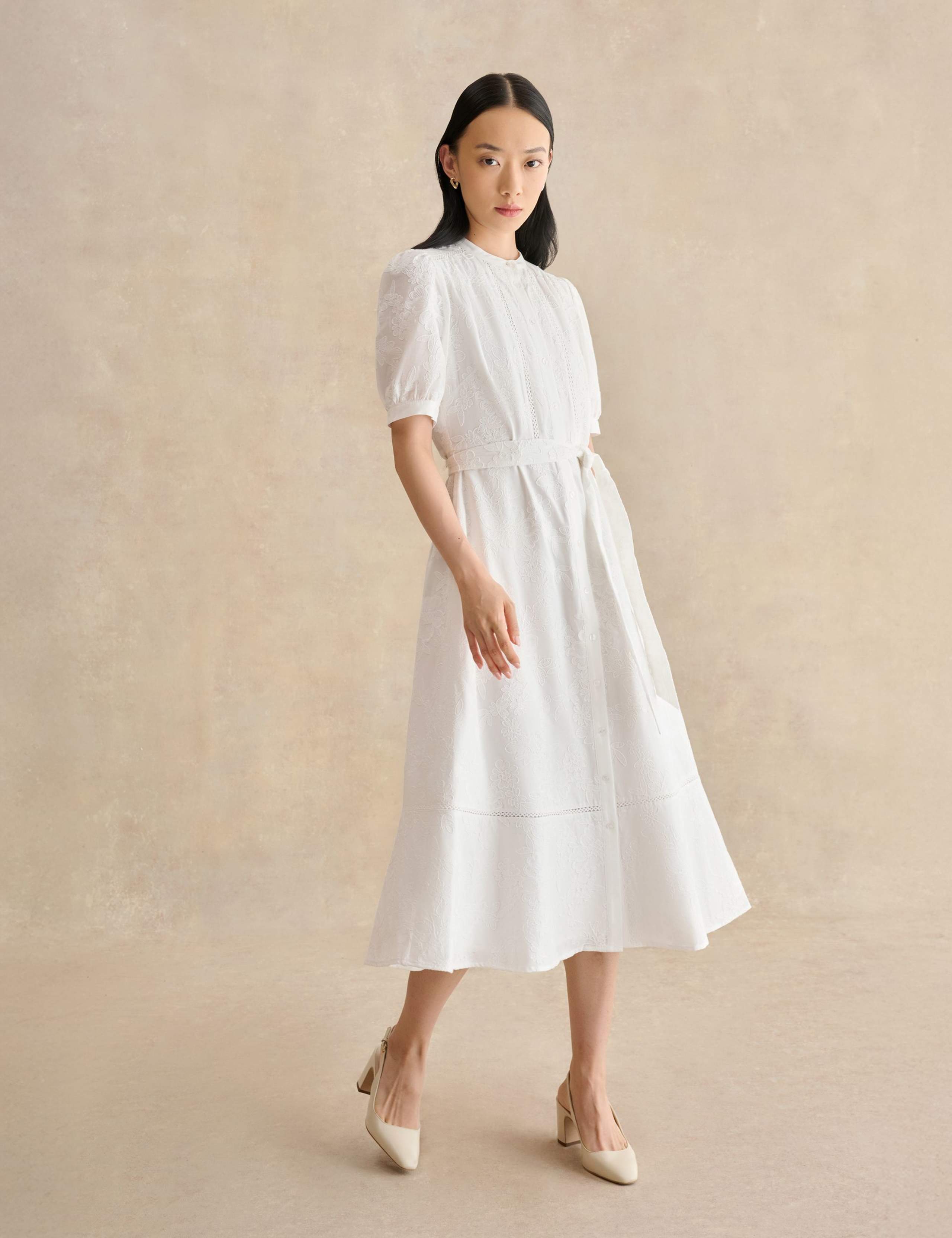 Pure Cotton Embroidered Midi Waisted Dress