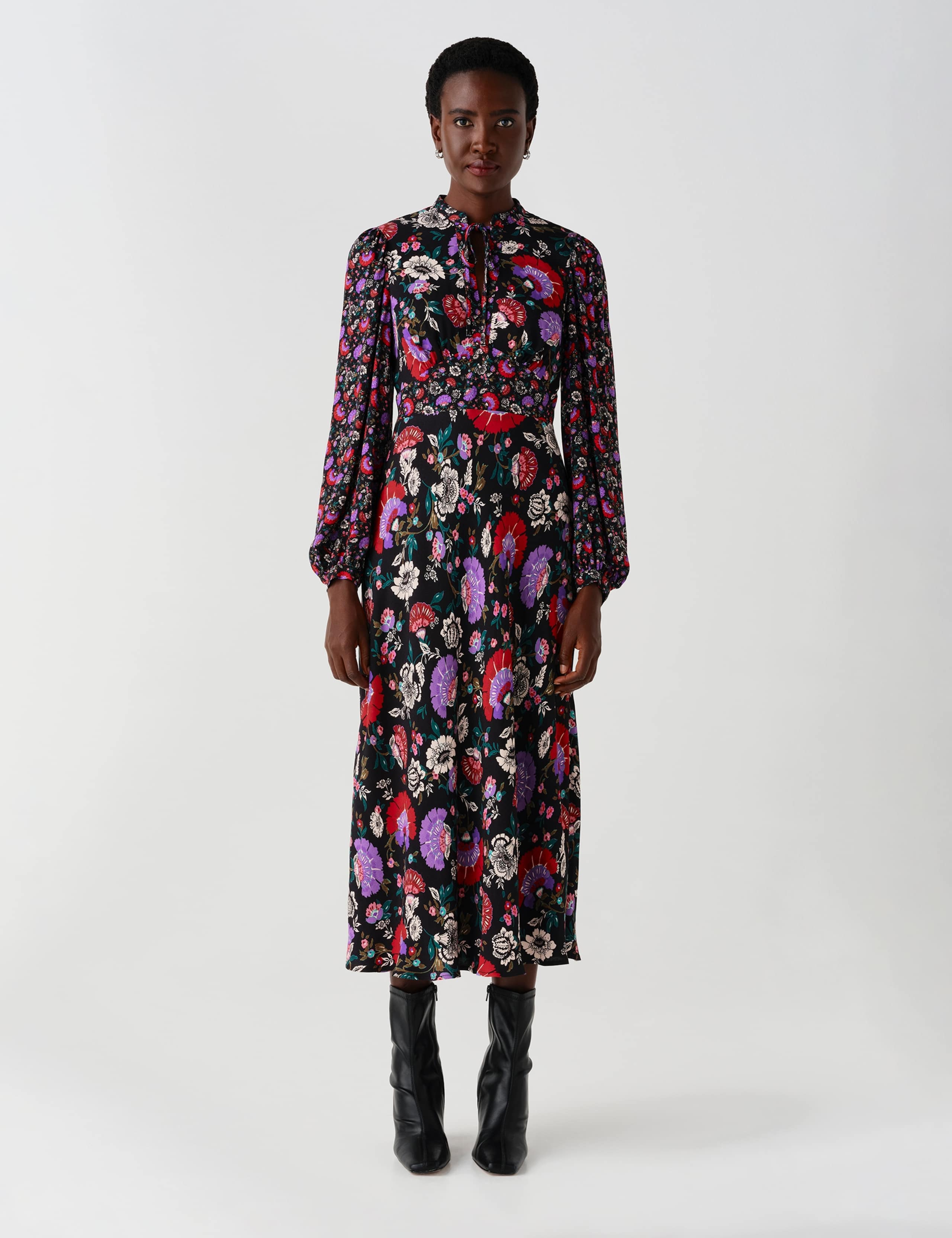 Crepe Paisley Tie Neck Midi Waisted Dress