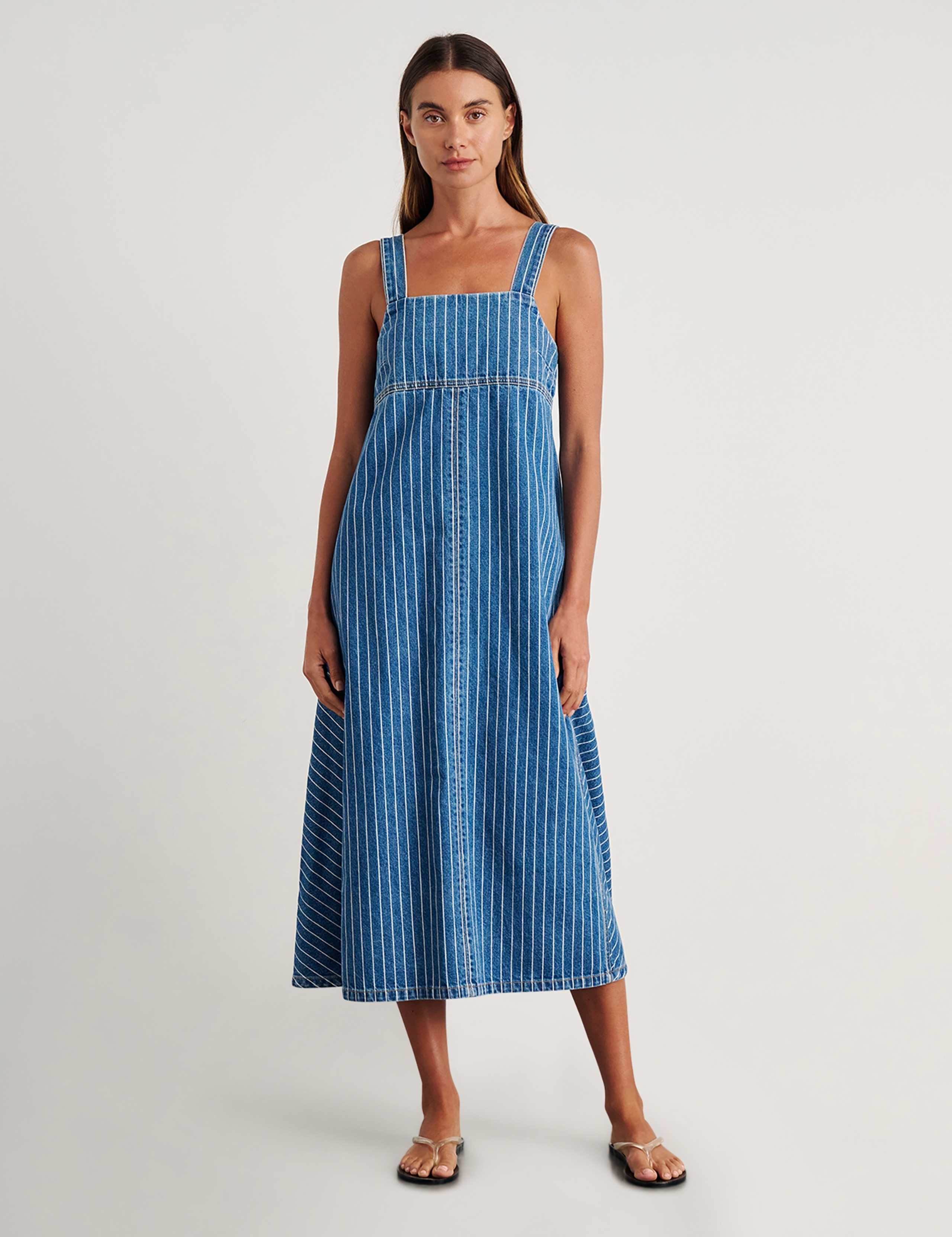 Denim Striped Square Neck Strappy Midi Dress