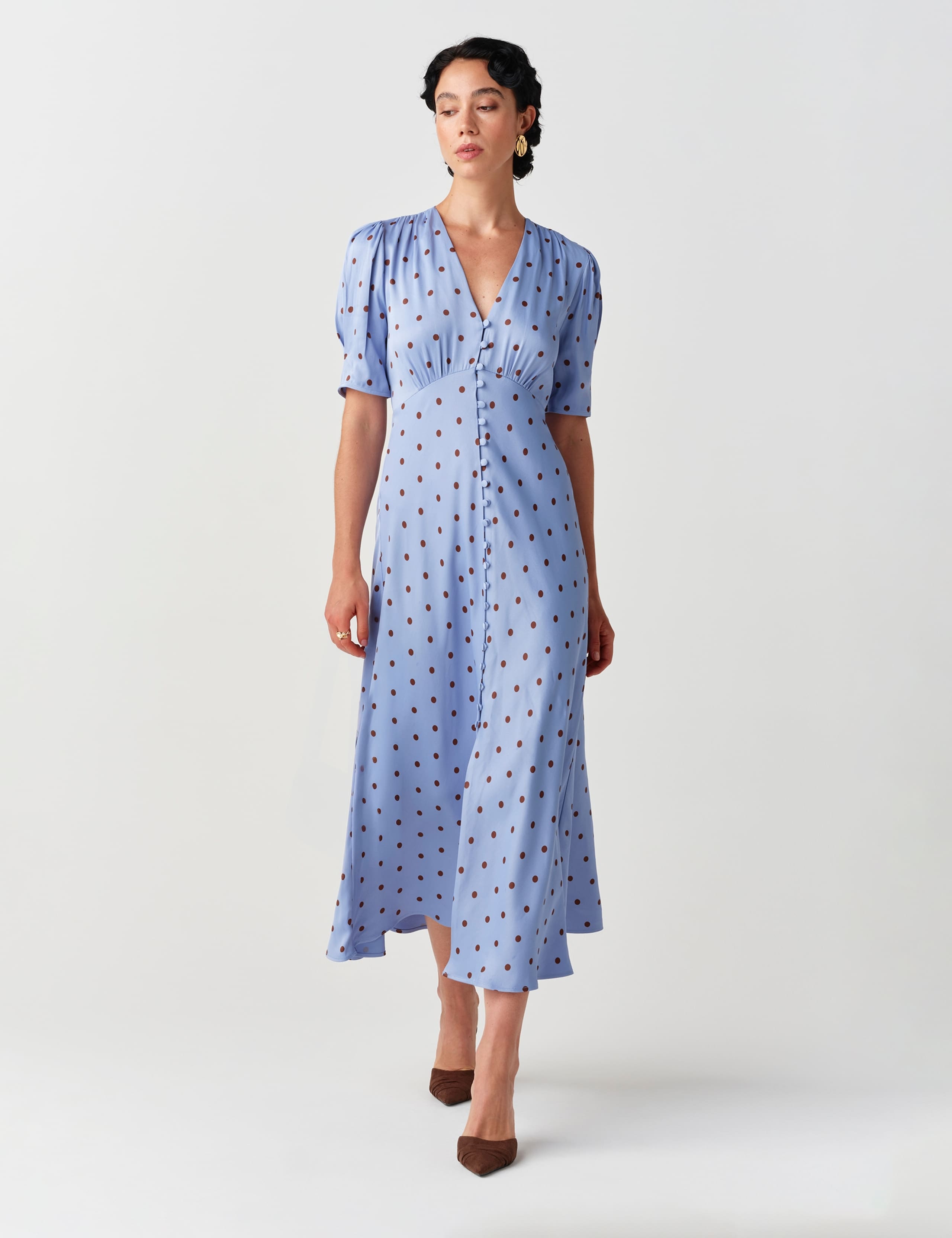 Satin Crepe Polka Dot V Neck Maxi Waisted Dress