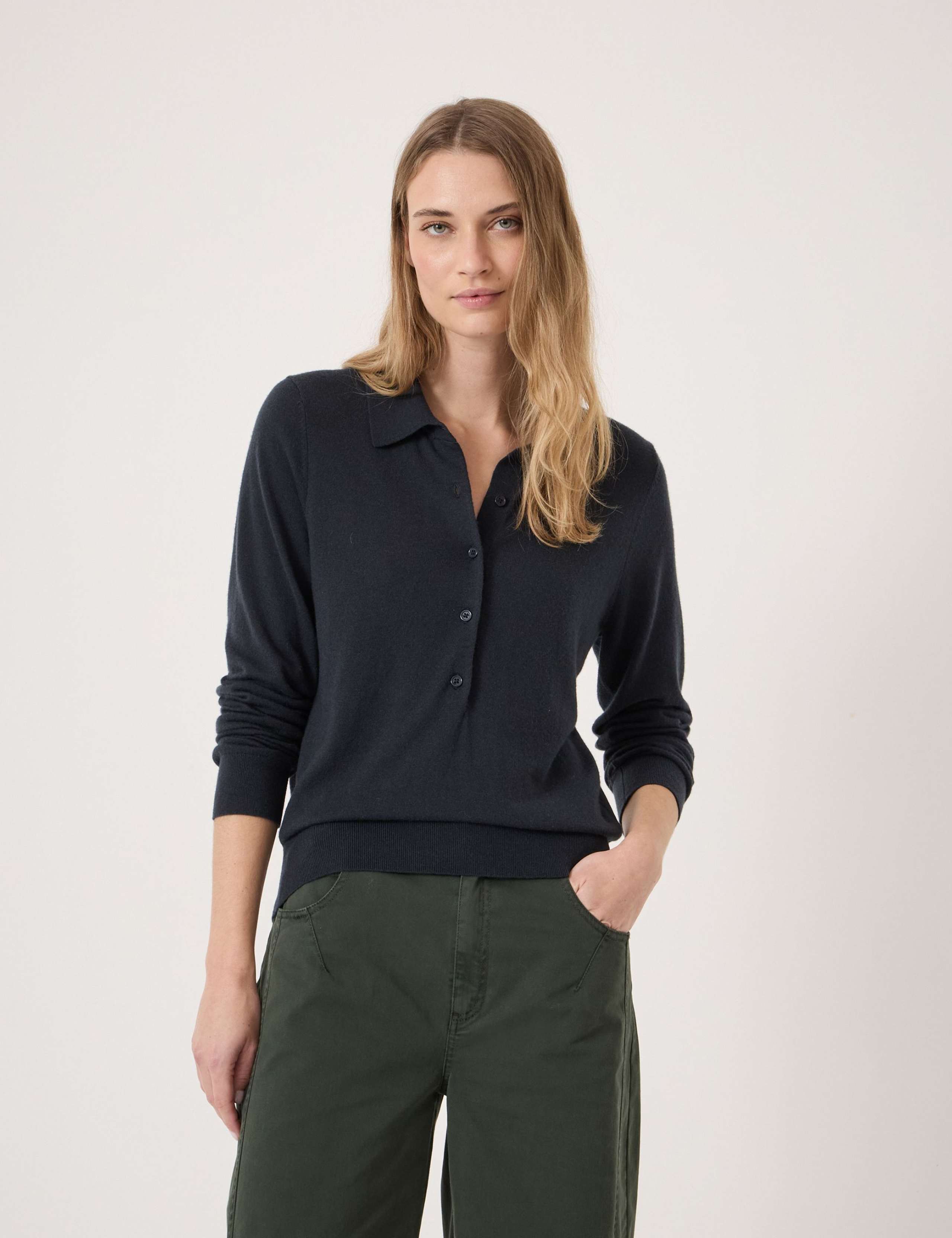 Merino Blend Long Sleeve Polo Top