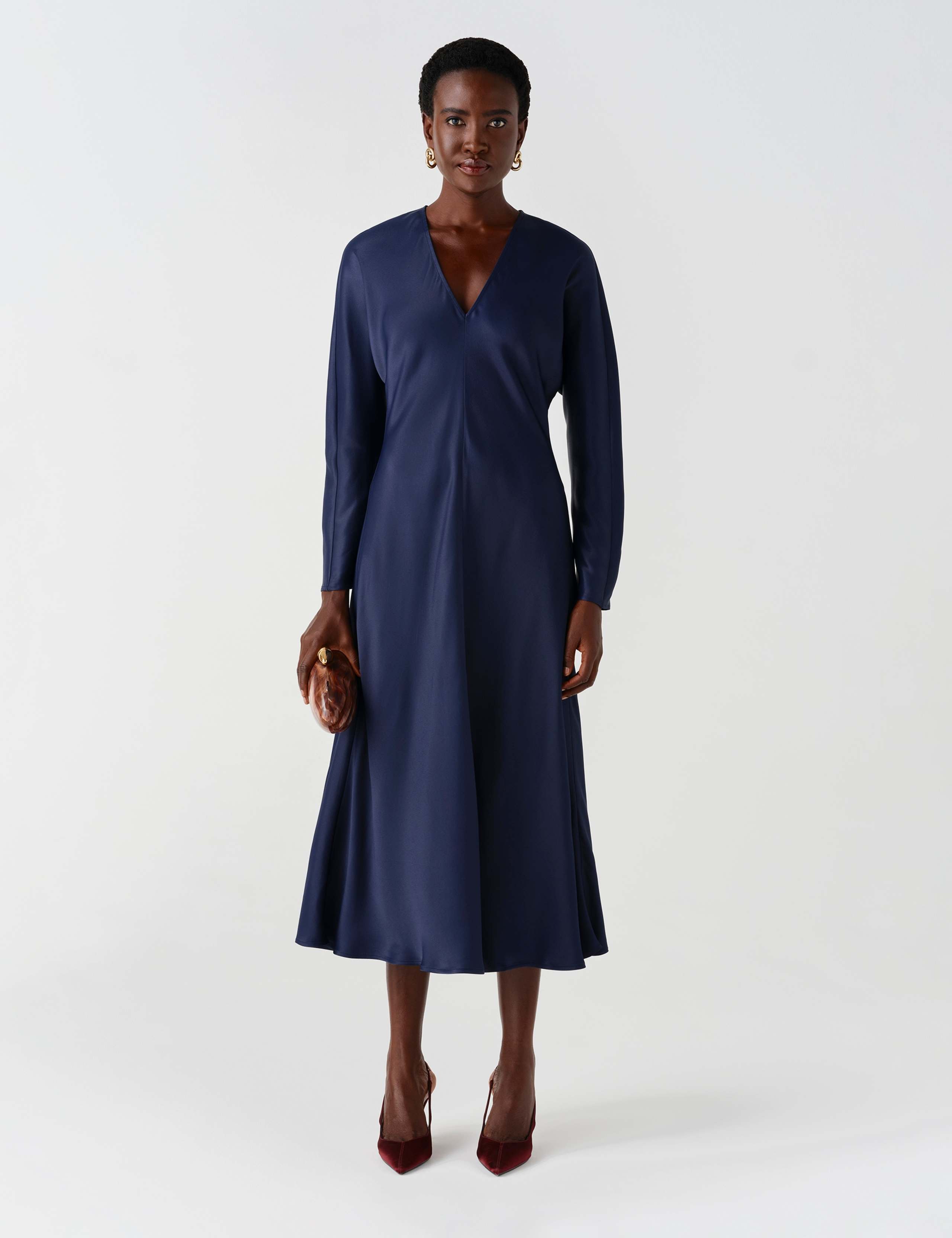 Satin V Neck Wrap Midaxi Column Dress