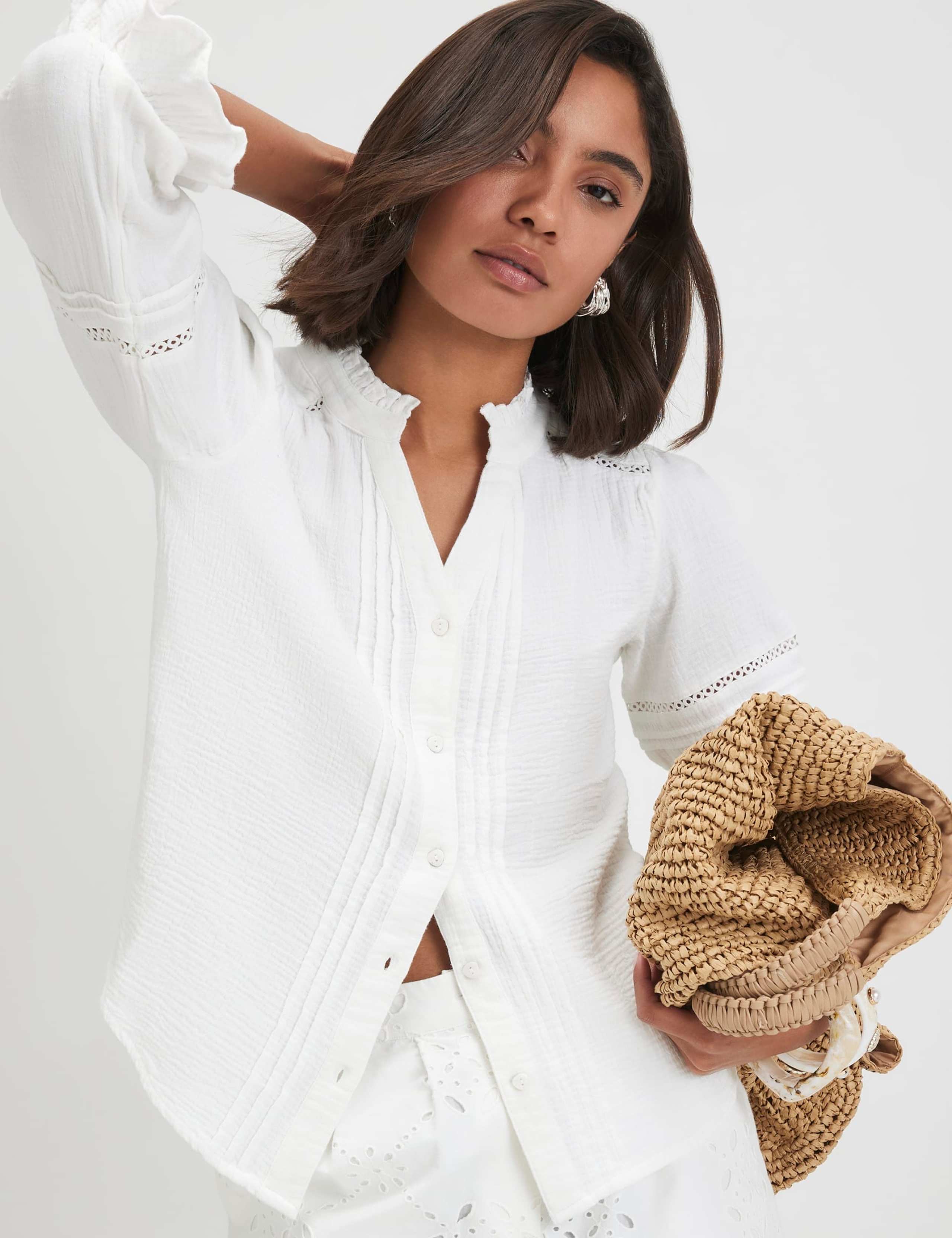 Pure Cotton Pintuck Frill Sleeve Blouse