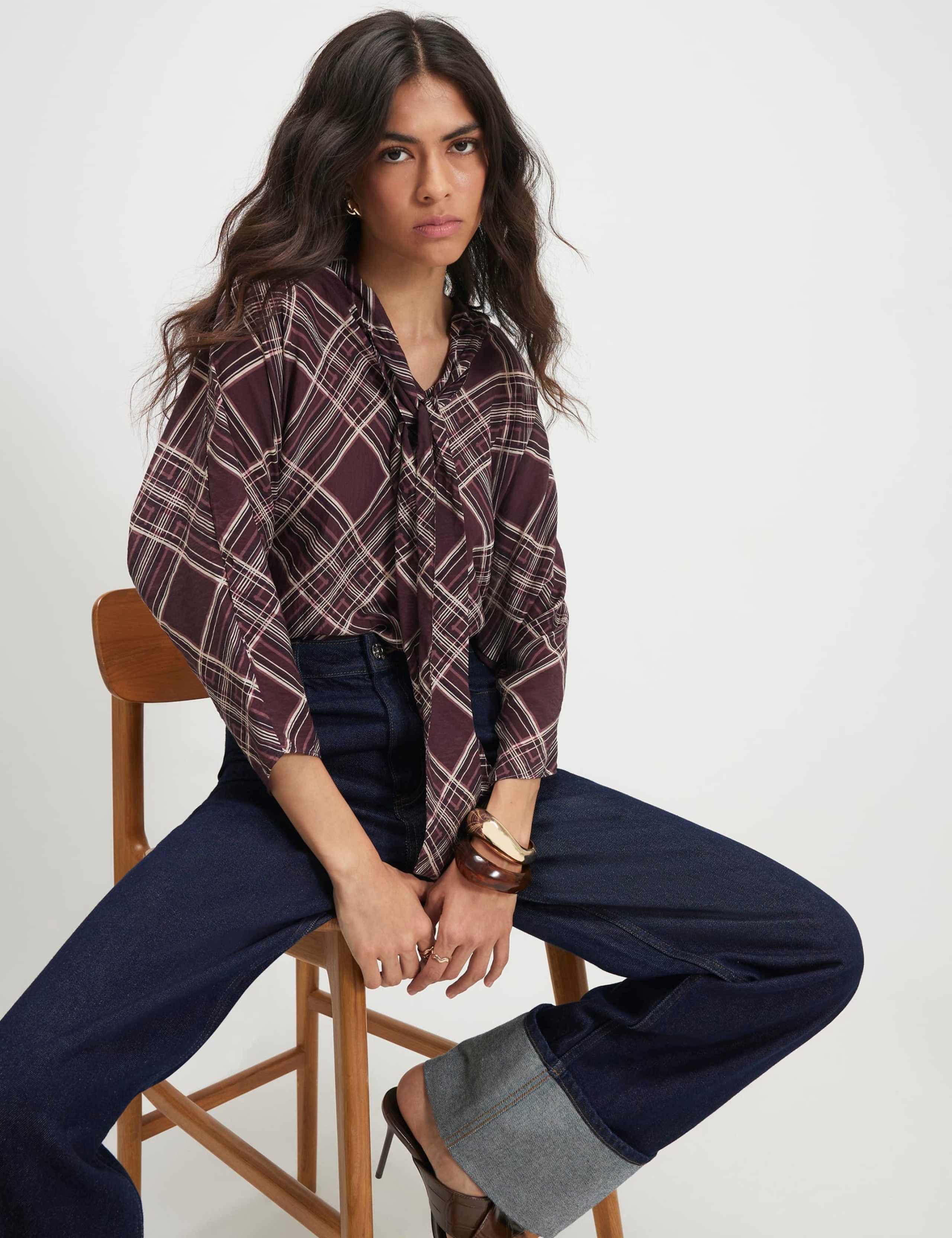 Pure Cotton Checked High Neck Relaxed Blouse