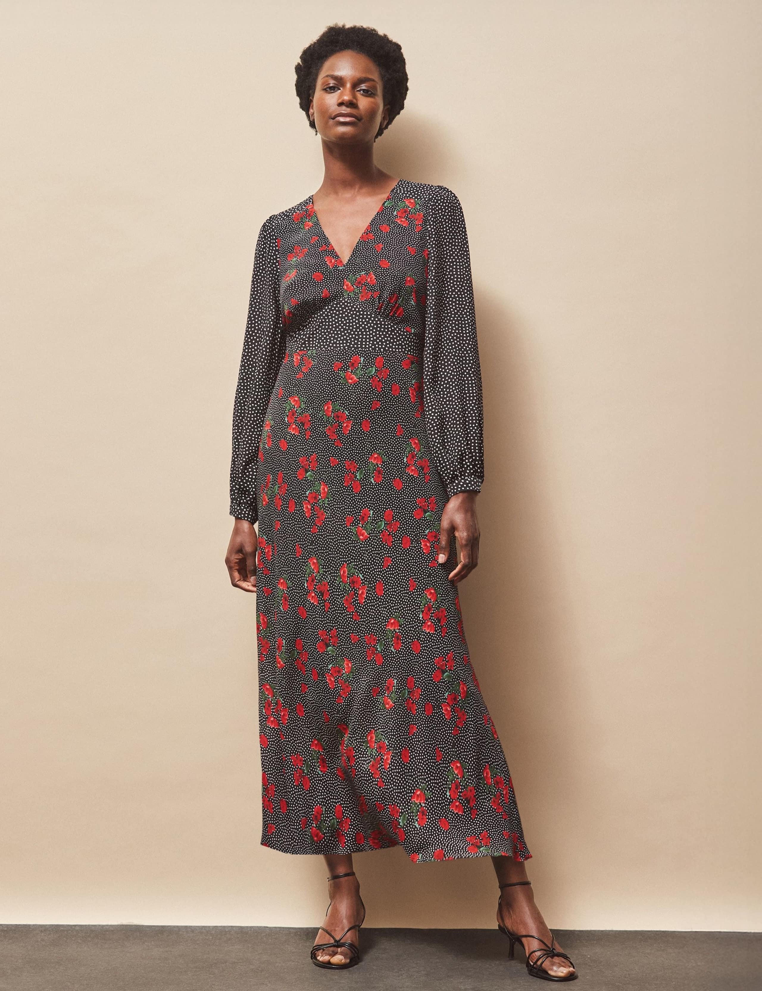 Floral Polka Dot Blouson Sleeve Midi Dress
