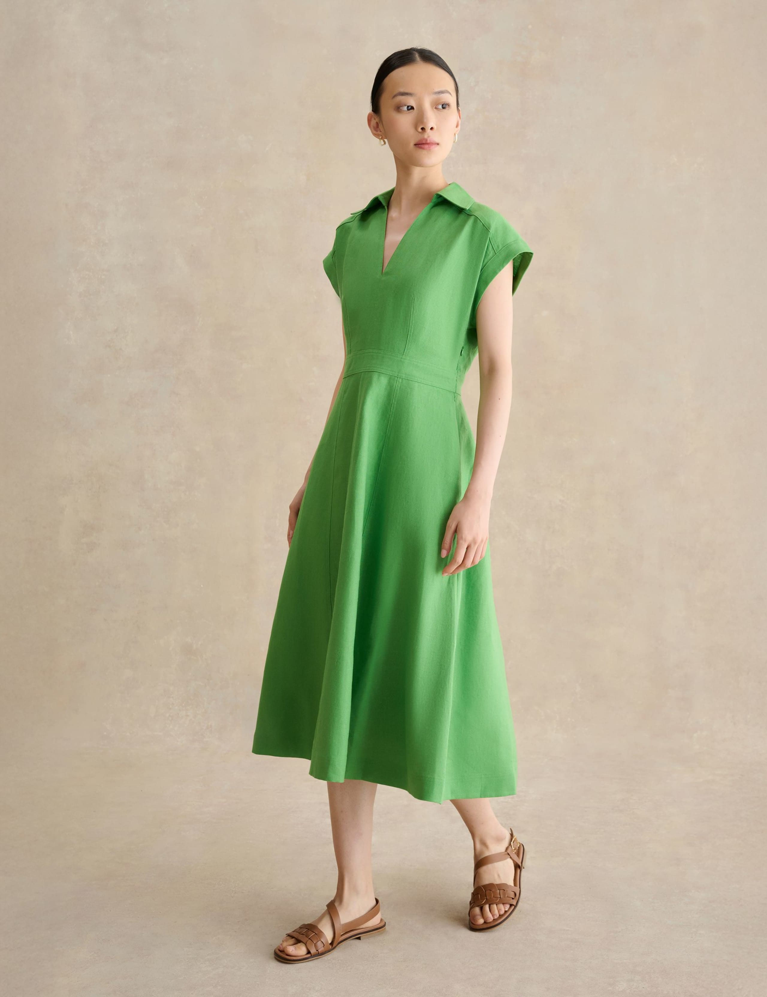 Pure Linen Collared Midi Waisted Dress