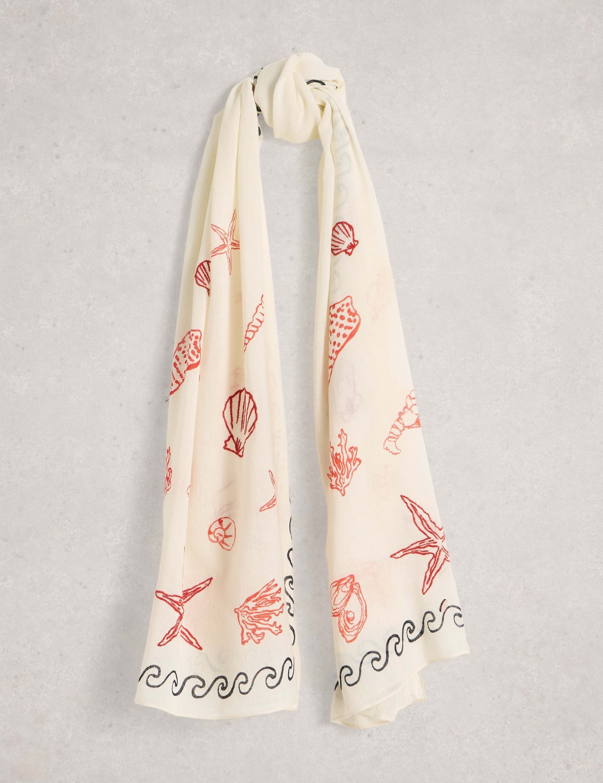 Cotton Blend Embroidered Shell Scarf with Linen