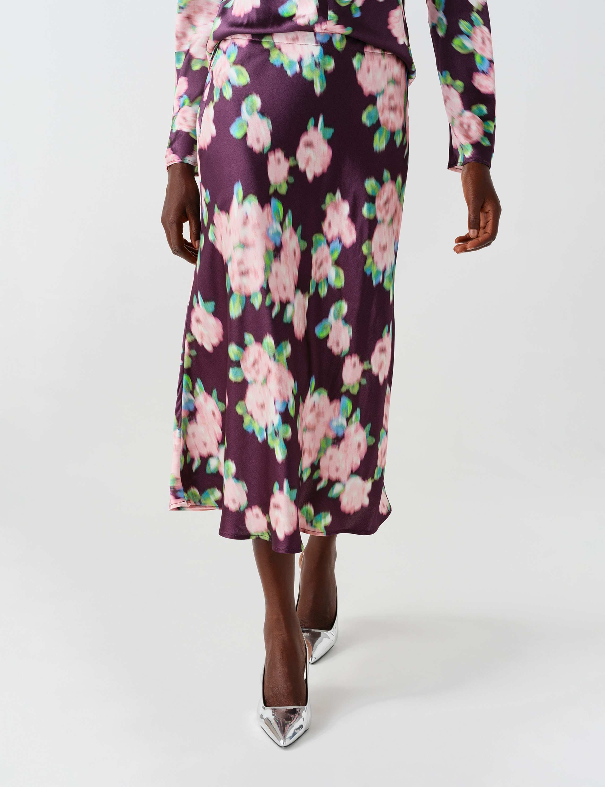 Satin Floral Midi Slip Skirt