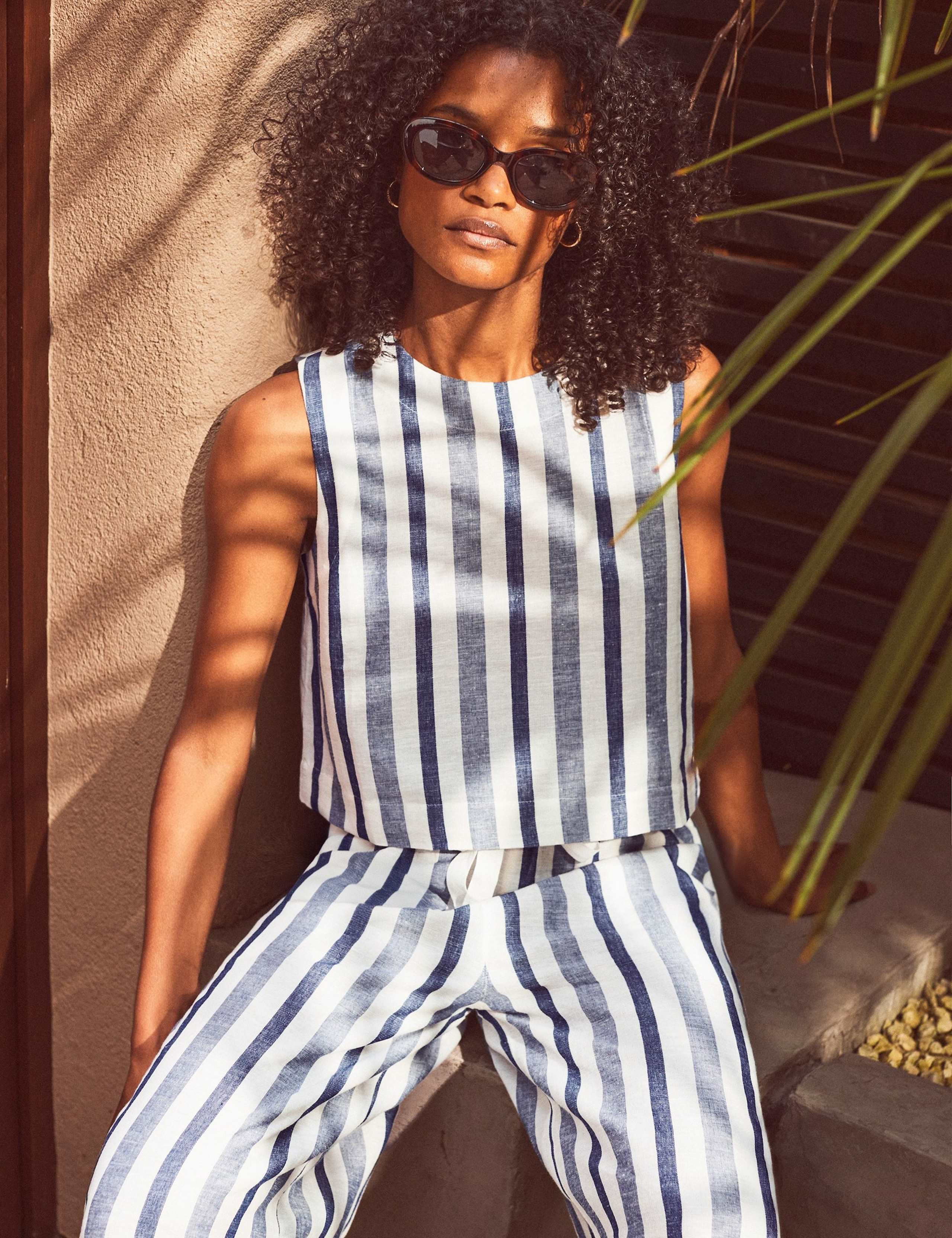 Cotton Linen Blend Striped Crew Neck Top