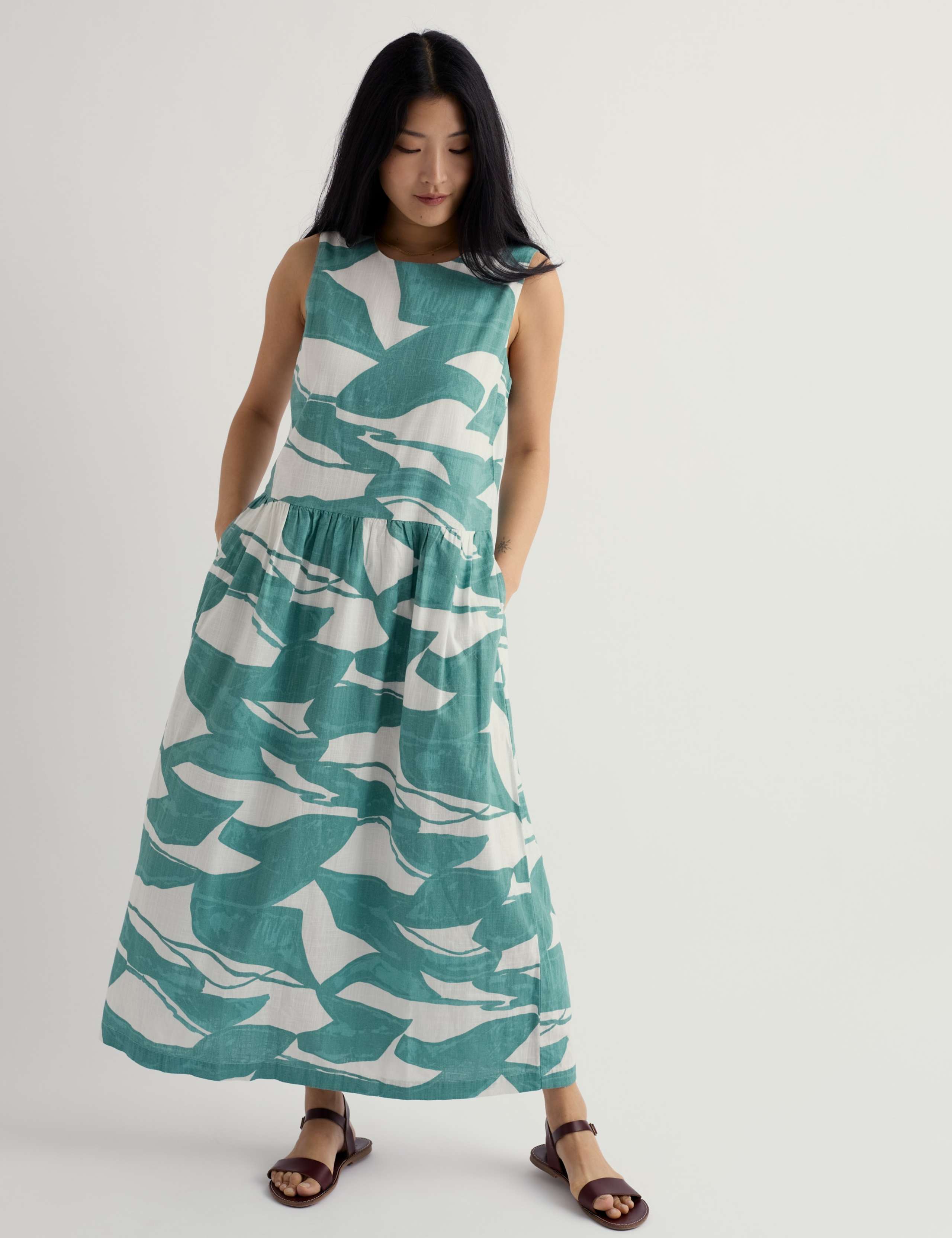 Pure Cotton Geometric Midi Waisted Dress