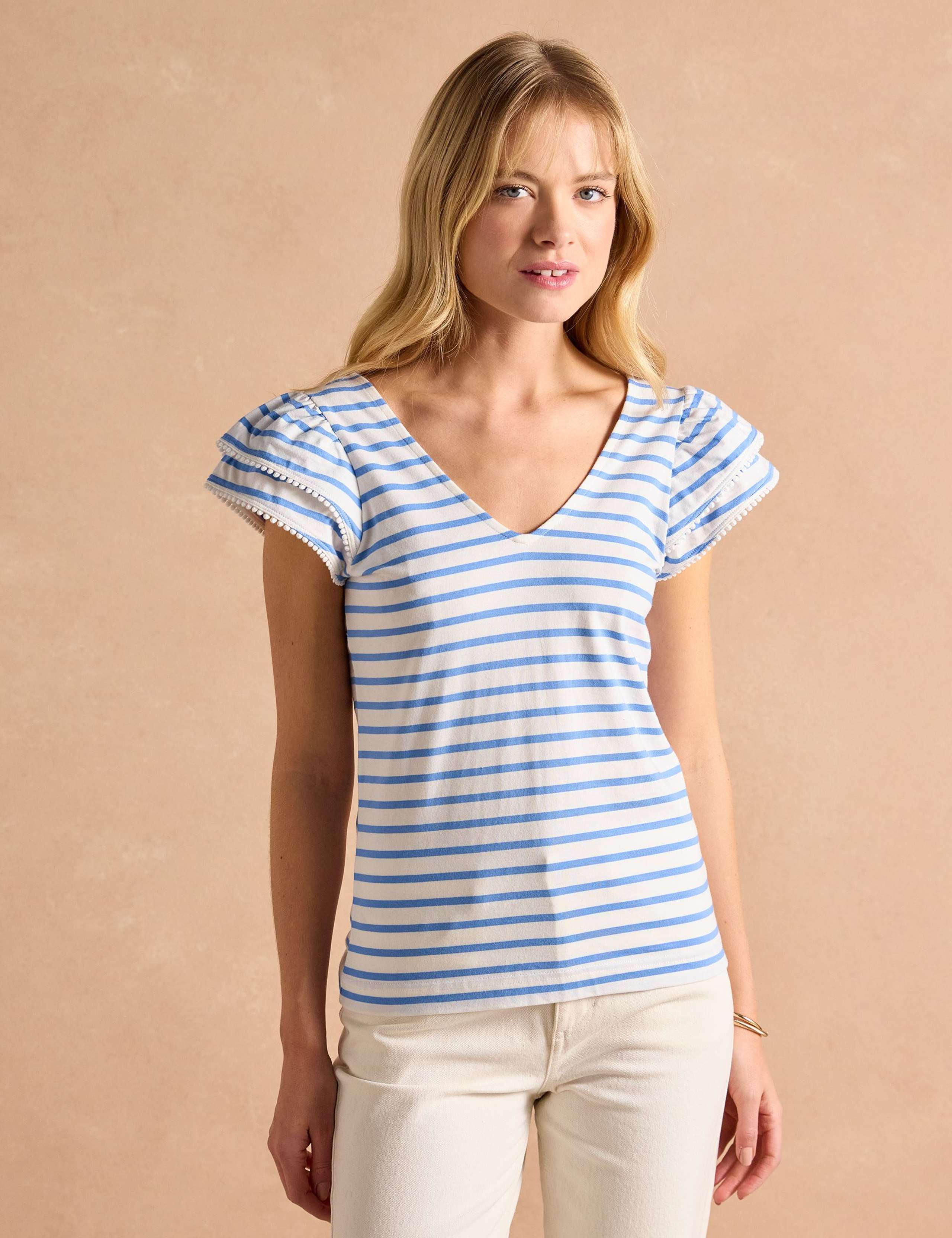 Pure Cotton Striped V-Neck Frill Sleeve Top