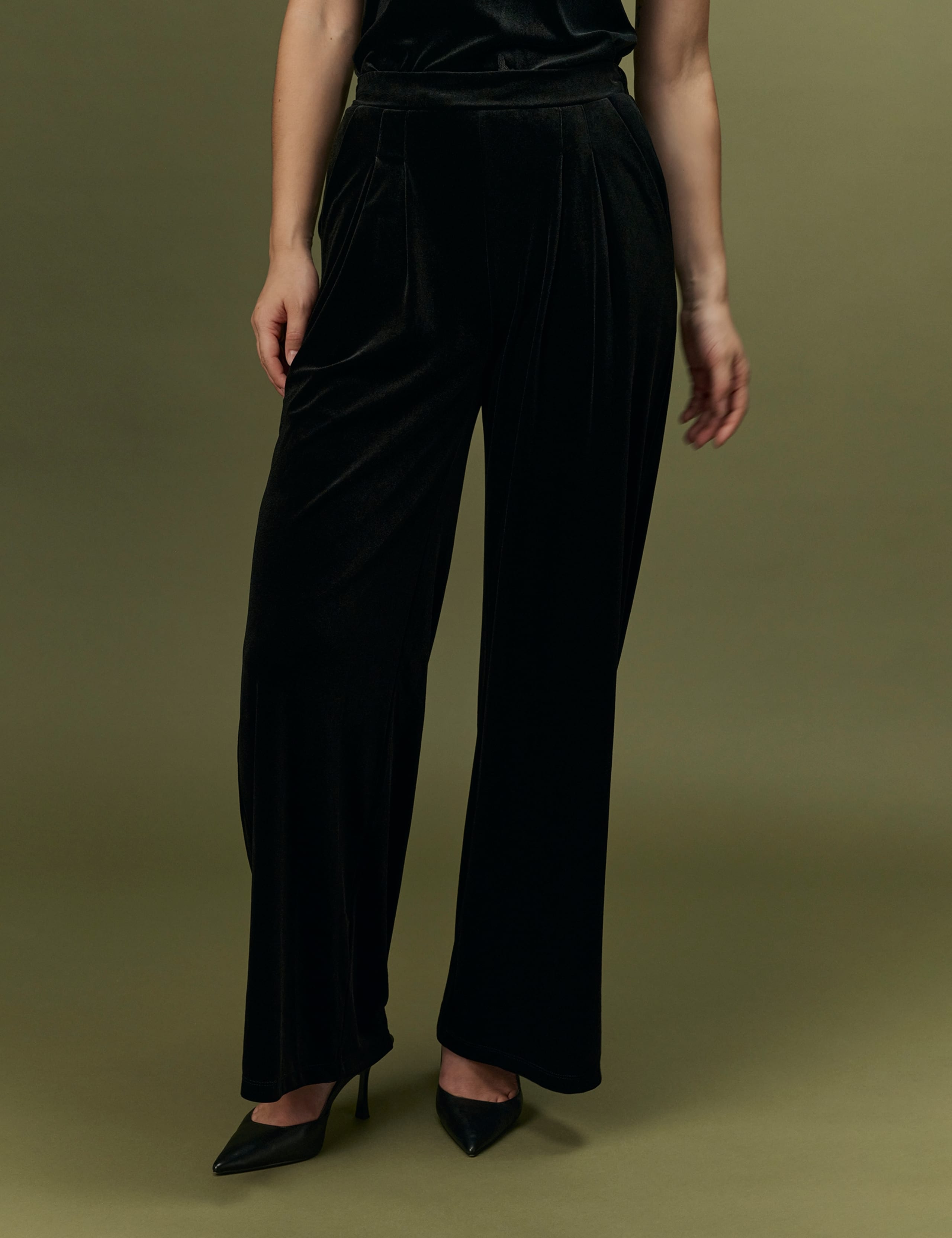 Velvet Pleat Front Wide Leg Trousers