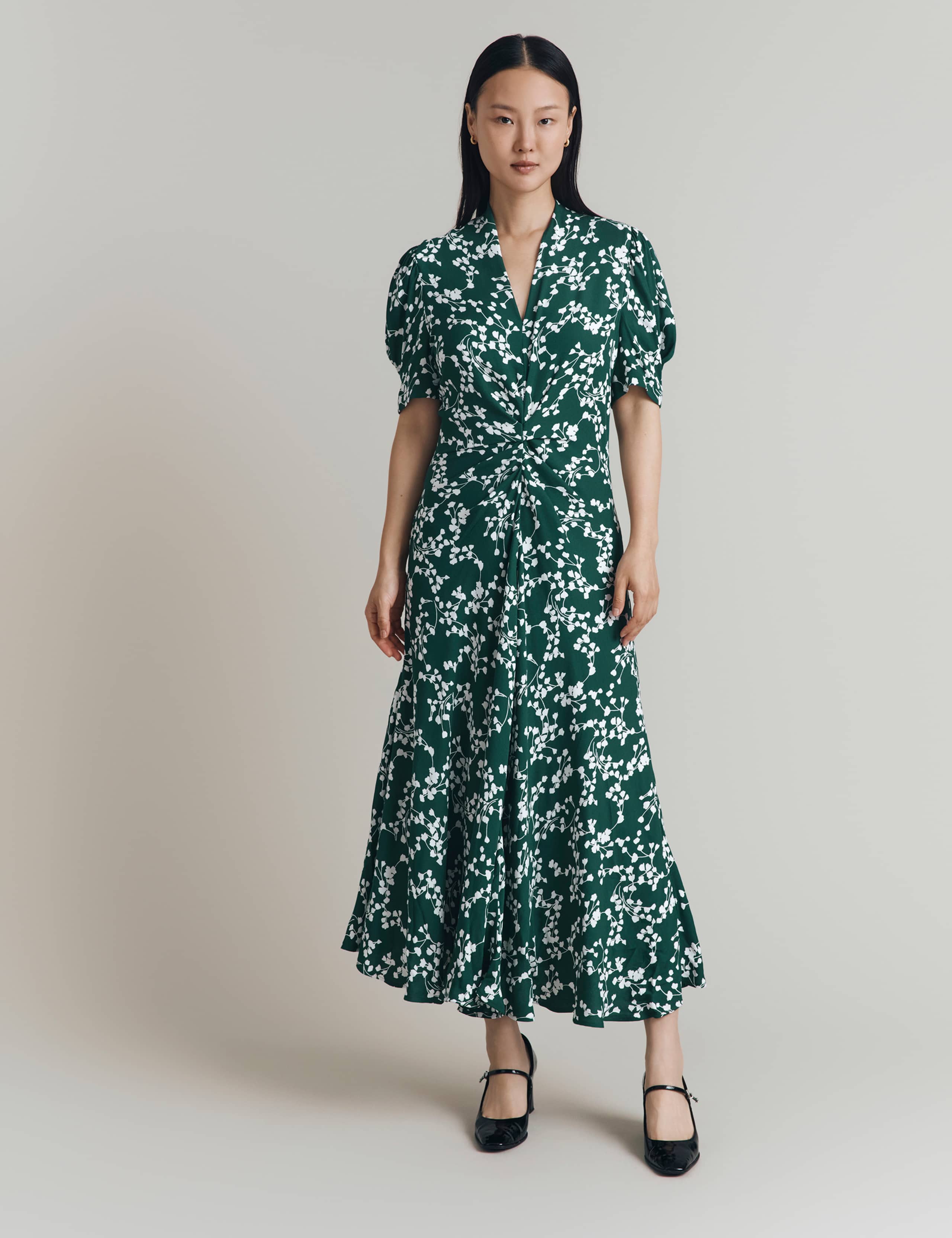 Crepe Floral V-Neck Midi Tea Dress