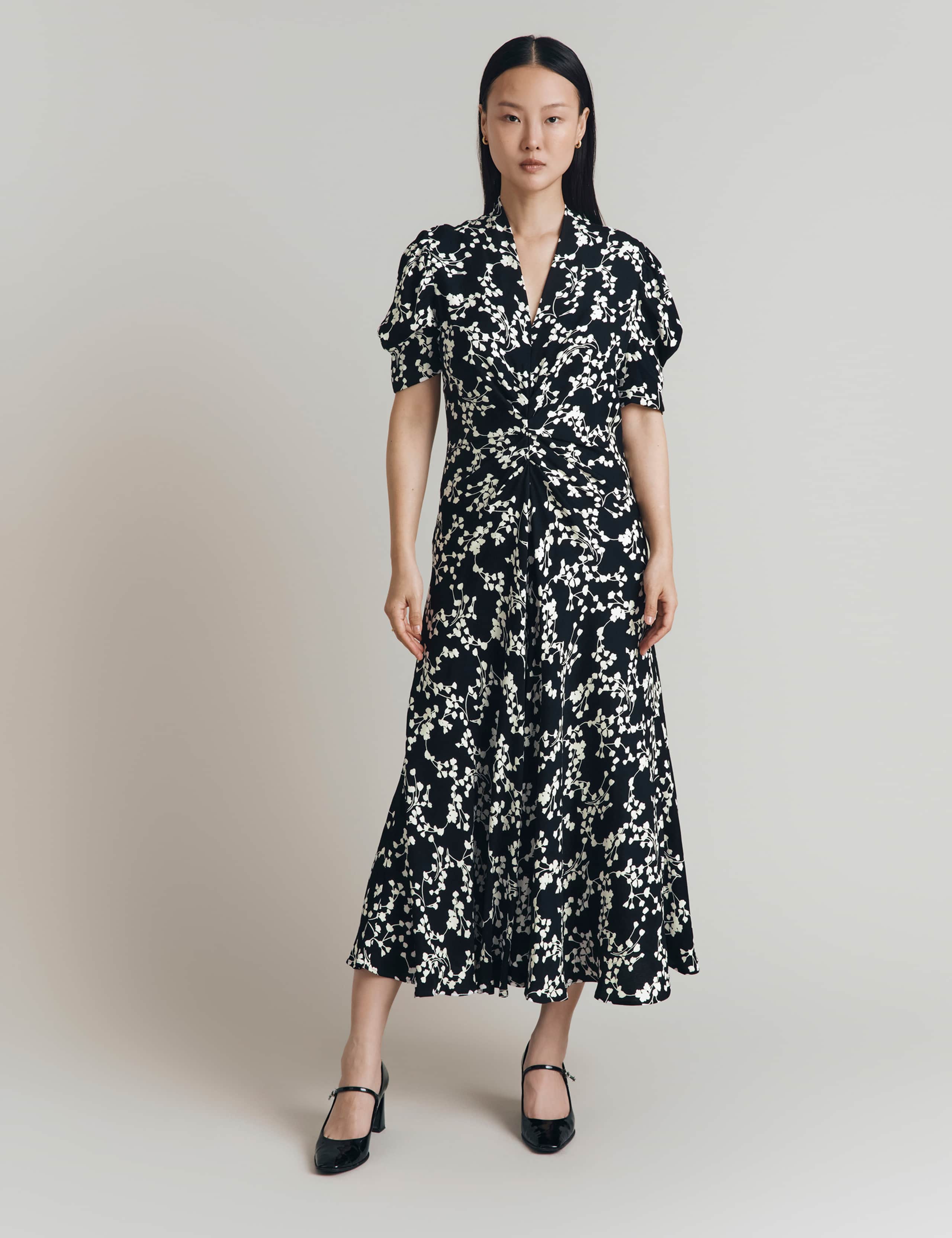Crepe Floral V-Neck Midi Tea Dress